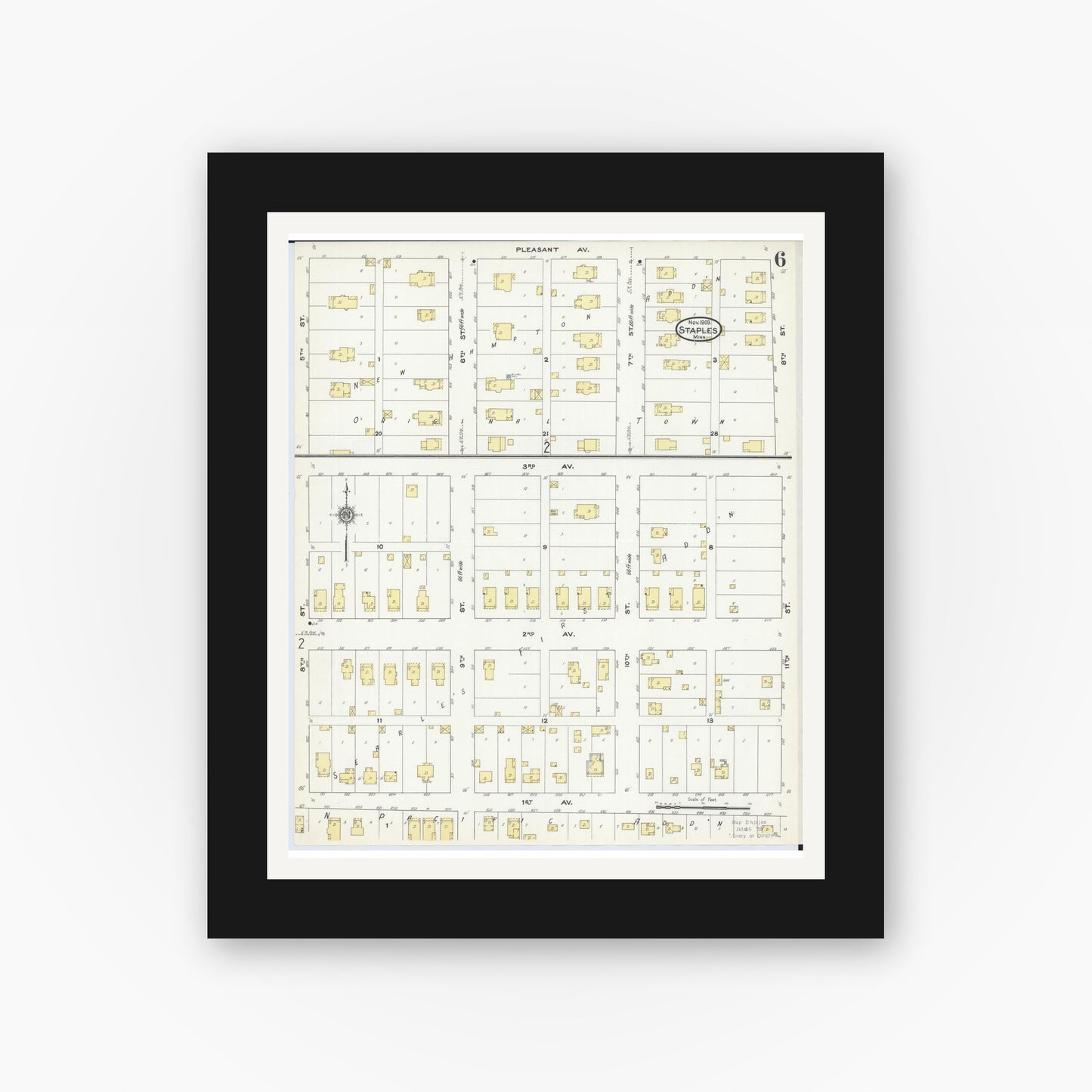 Old map wall art mockup — black gallery frame with white mat — Sanborn Fire Insurance Map from Staples, Todd County, Minnesota (1909), Sheet #0006