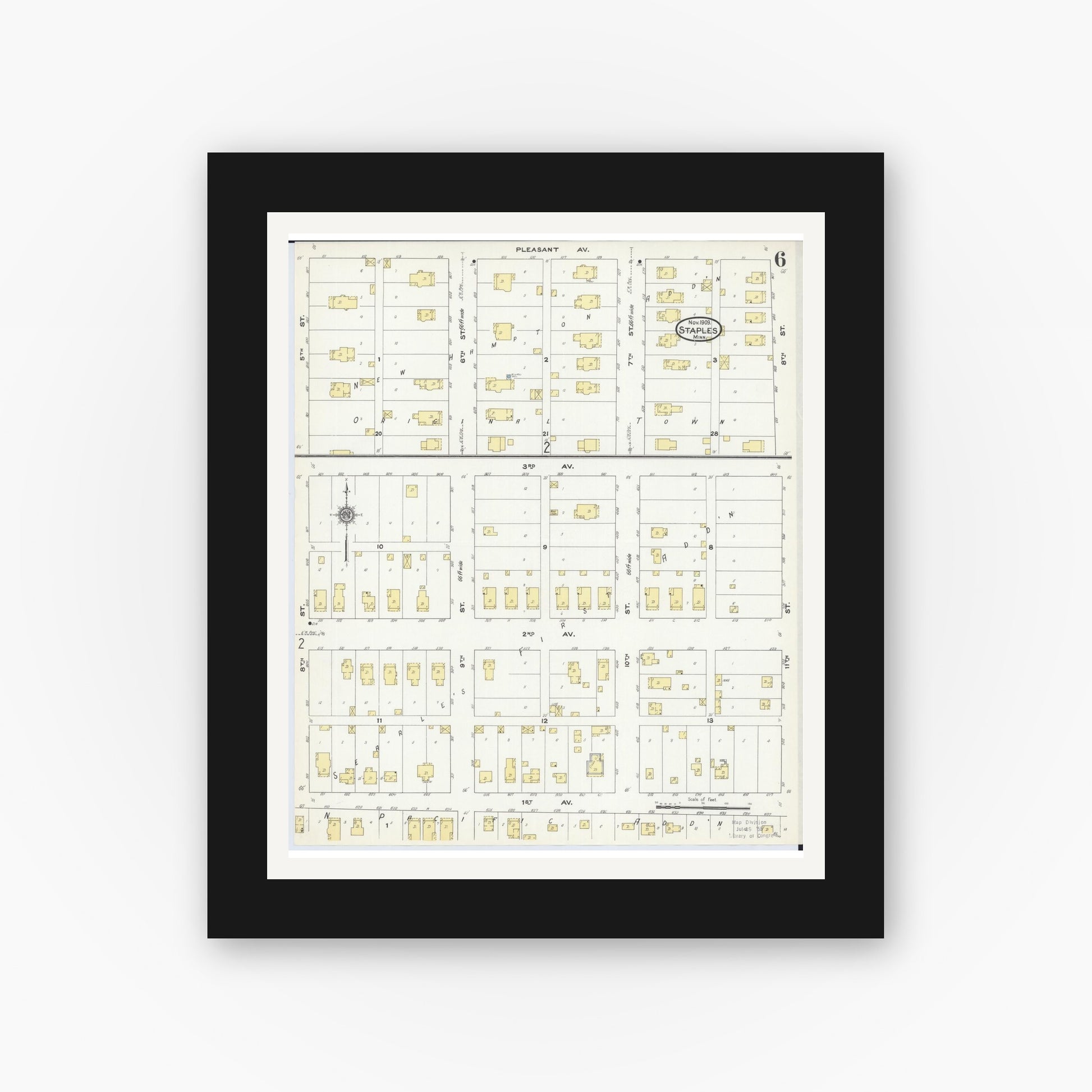 Old map wall art mockup — black gallery frame with white mat — Sanborn Fire Insurance Map from Staples, Todd County, Minnesota (1909), Sheet #0006