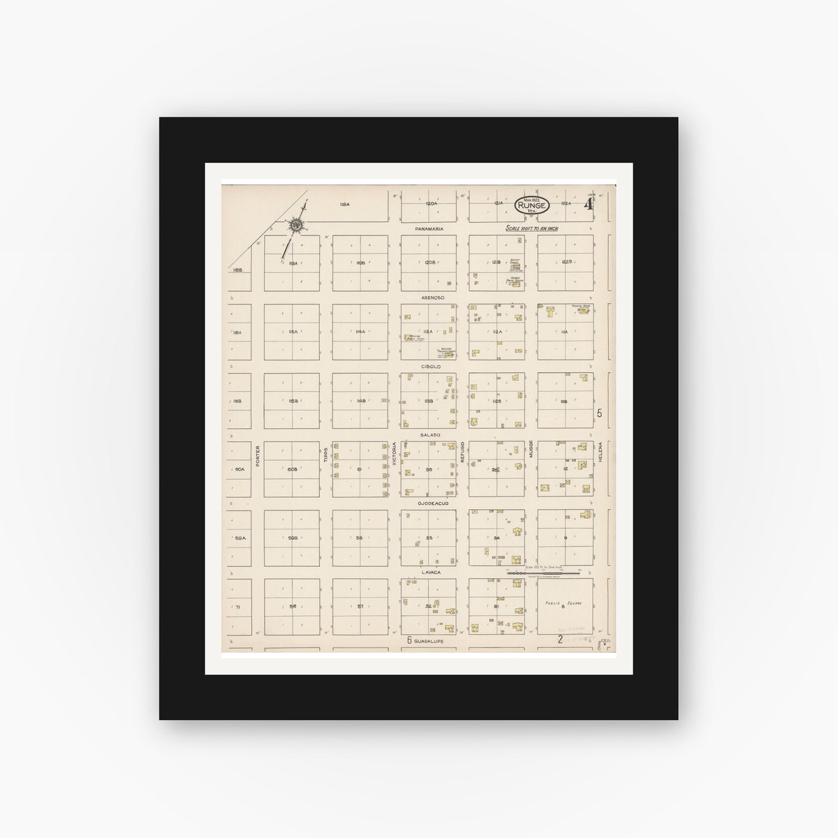 Old map wall art mockup — black gallery frame with white mat — Sanborn Fire Insurance Map from Runge, Karnes County, Texas (1922), Sheet #0004