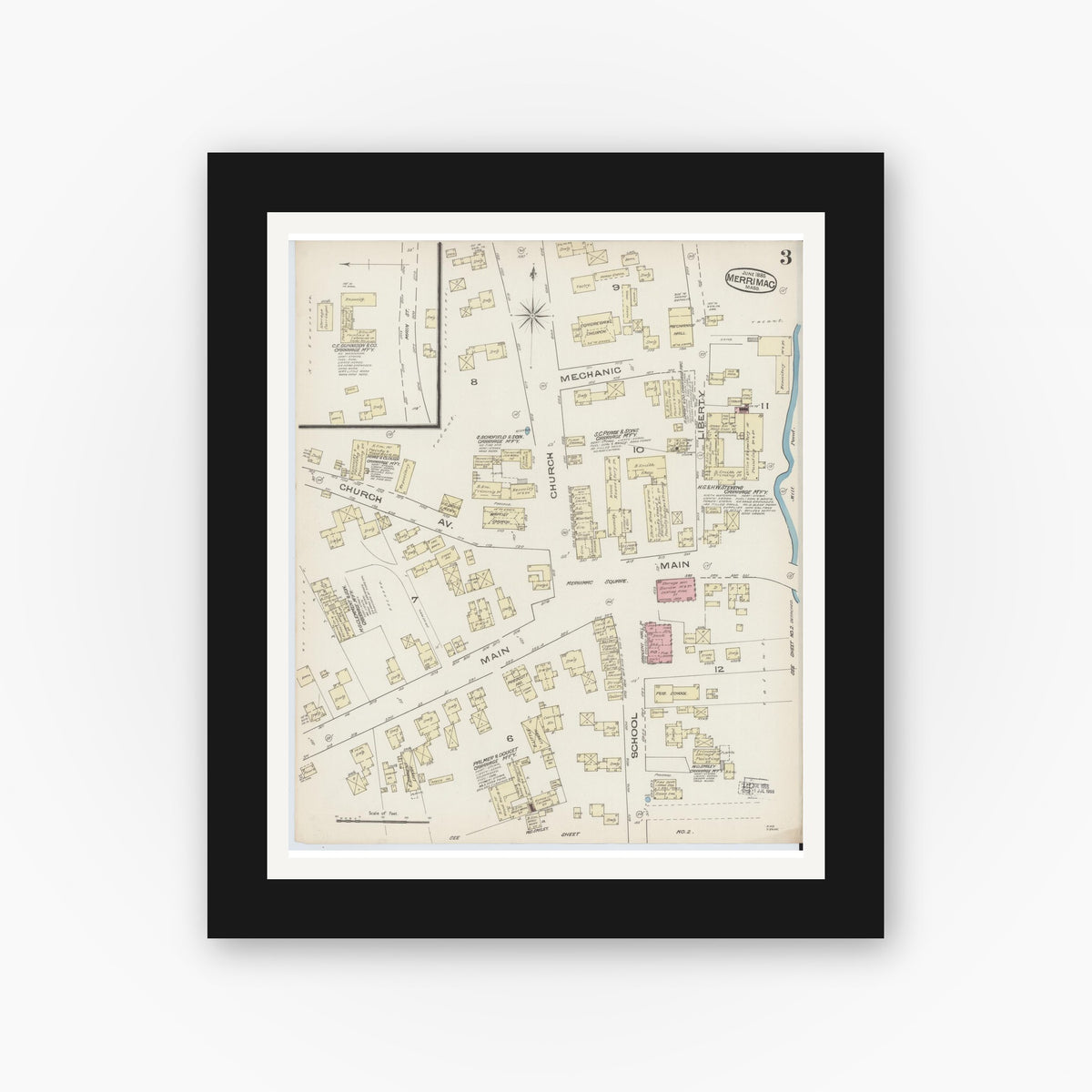 Old map wall art mockup — black gallery frame with white mat — Sanborn Fire Insurance Map from Merrimac, Essex County, Massachusetts (1885), Sheet #0003