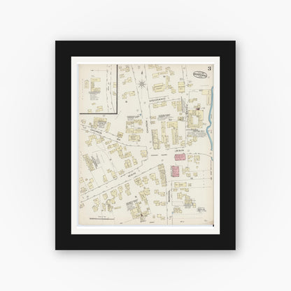 Old map wall art mockup — black gallery frame with white mat — Sanborn Fire Insurance Map from Merrimac, Essex County, Massachusetts (1885), Sheet #0003