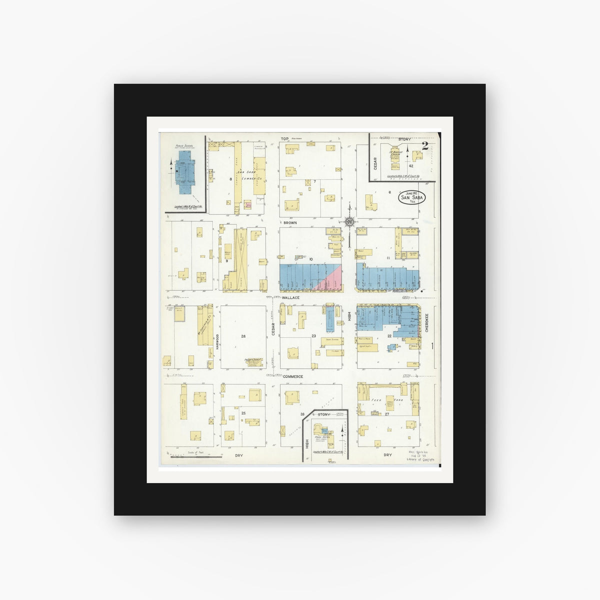 Old map wall art mockup — black gallery frame with white mat — Sanborn Fire Insurance Map from San Saba, San Saba County, Texas (1912), Sheet #0002