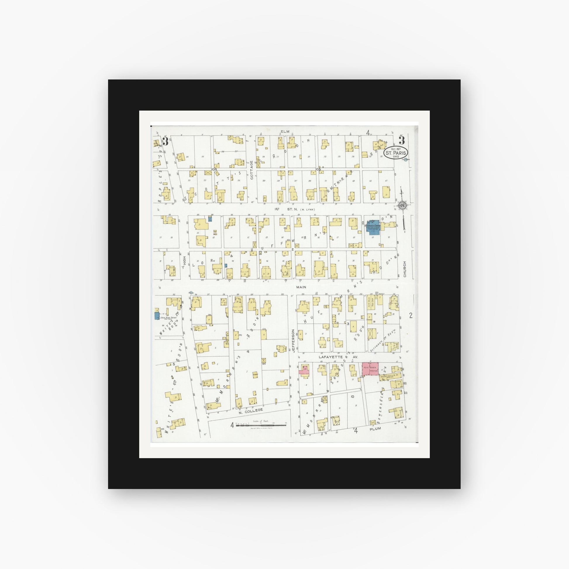 Old map wall art mockup — black gallery frame with white mat — Sanborn Fire Insurance Map from Saint Paris, Champaign County, Ohio (1927), Sheet #0003