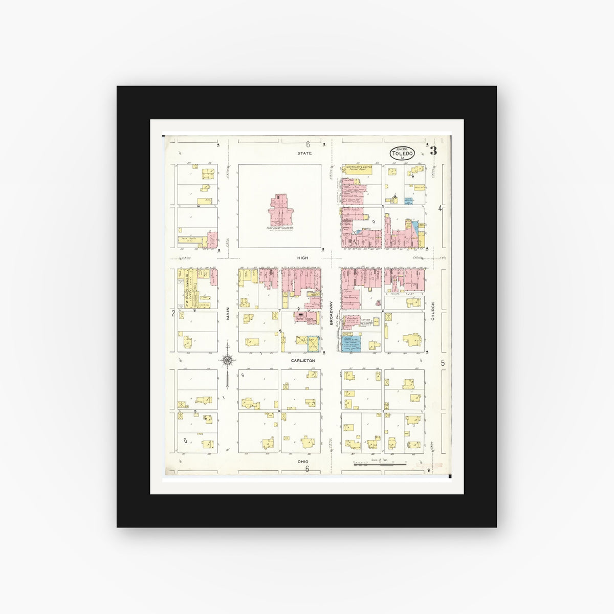 Old map wall art mockup — black gallery frame with white mat — Sanborn Fire Insurance Map from Toledo, Tama County, Iowa (1915), Sheet #0003