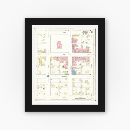 Old map wall art mockup — black gallery frame with white mat — Sanborn Fire Insurance Map from Toledo, Tama County, Iowa (1915), Sheet #0003