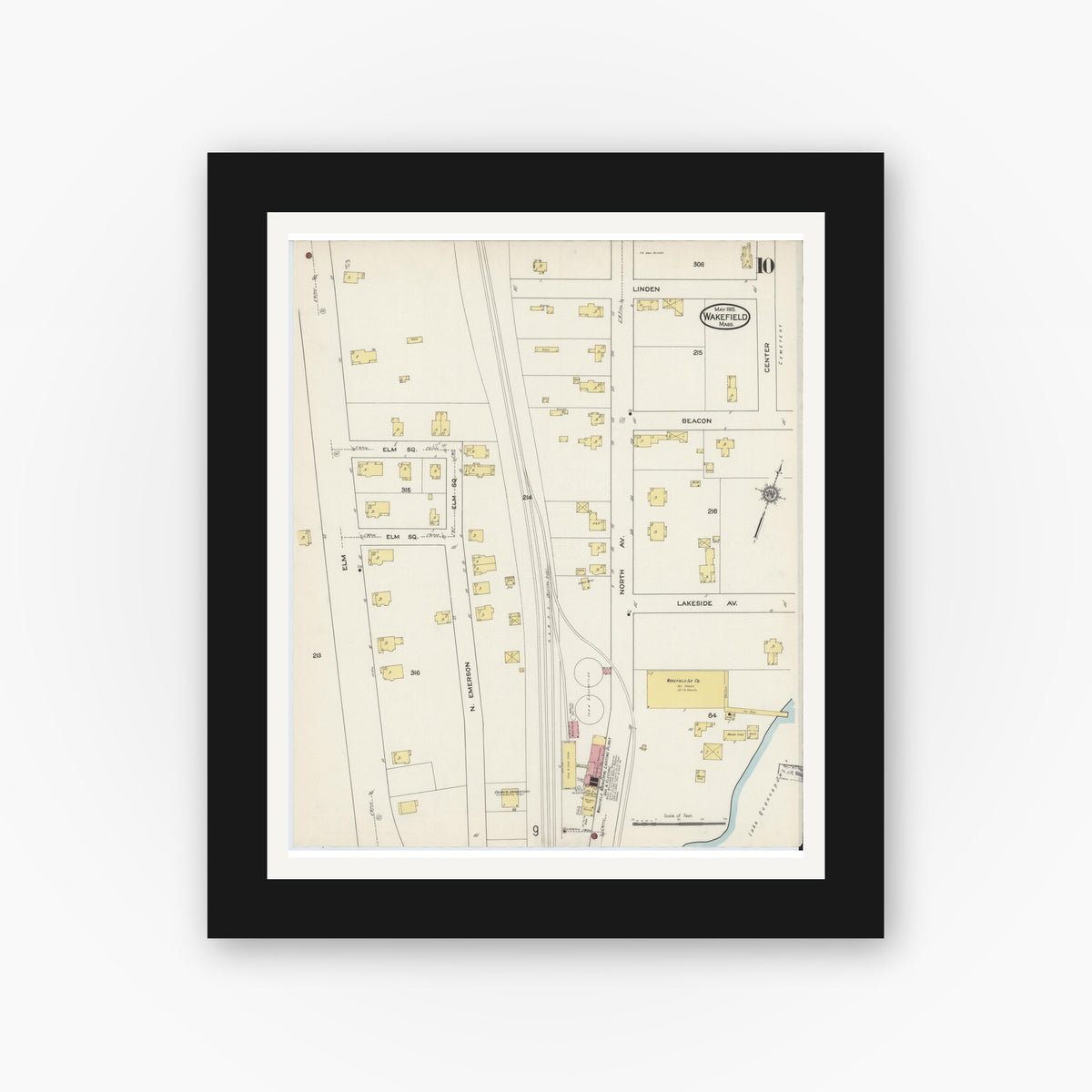 Old map wall art mockup — black gallery frame with white mat — Sanborn Fire Insurance Map from Wakefield, Middlesex County, Massachusetts (1915), Sheet #0010