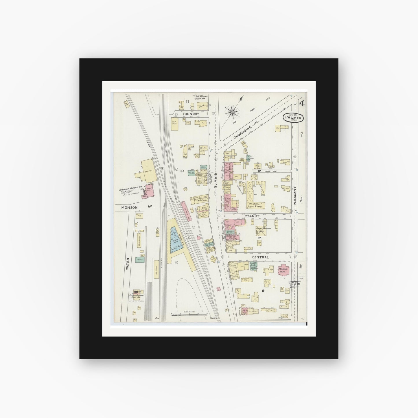 Old map wall art mockup — black gallery frame with white mat — Sanborn Fire Insurance Map from Palmer, Hampden County, Massachusetts (1891), Sheet #0004