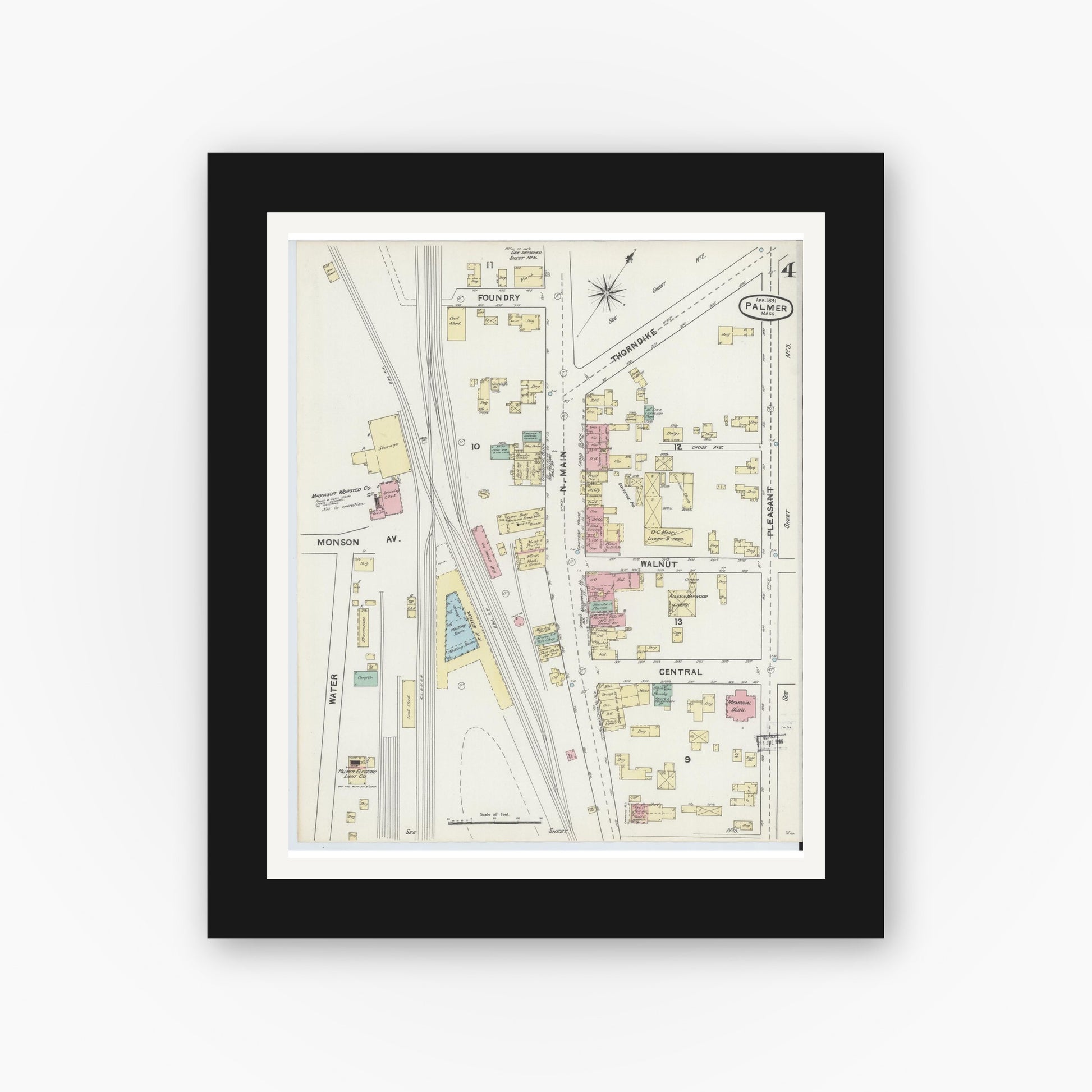 Old map wall art mockup — black gallery frame with white mat — Sanborn Fire Insurance Map from Palmer, Hampden County, Massachusetts (1891), Sheet #0004