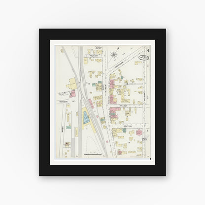 Old map wall art mockup — black gallery frame with white mat — Sanborn Fire Insurance Map from Palmer, Hampden County, Massachusetts (1891), Sheet #0004