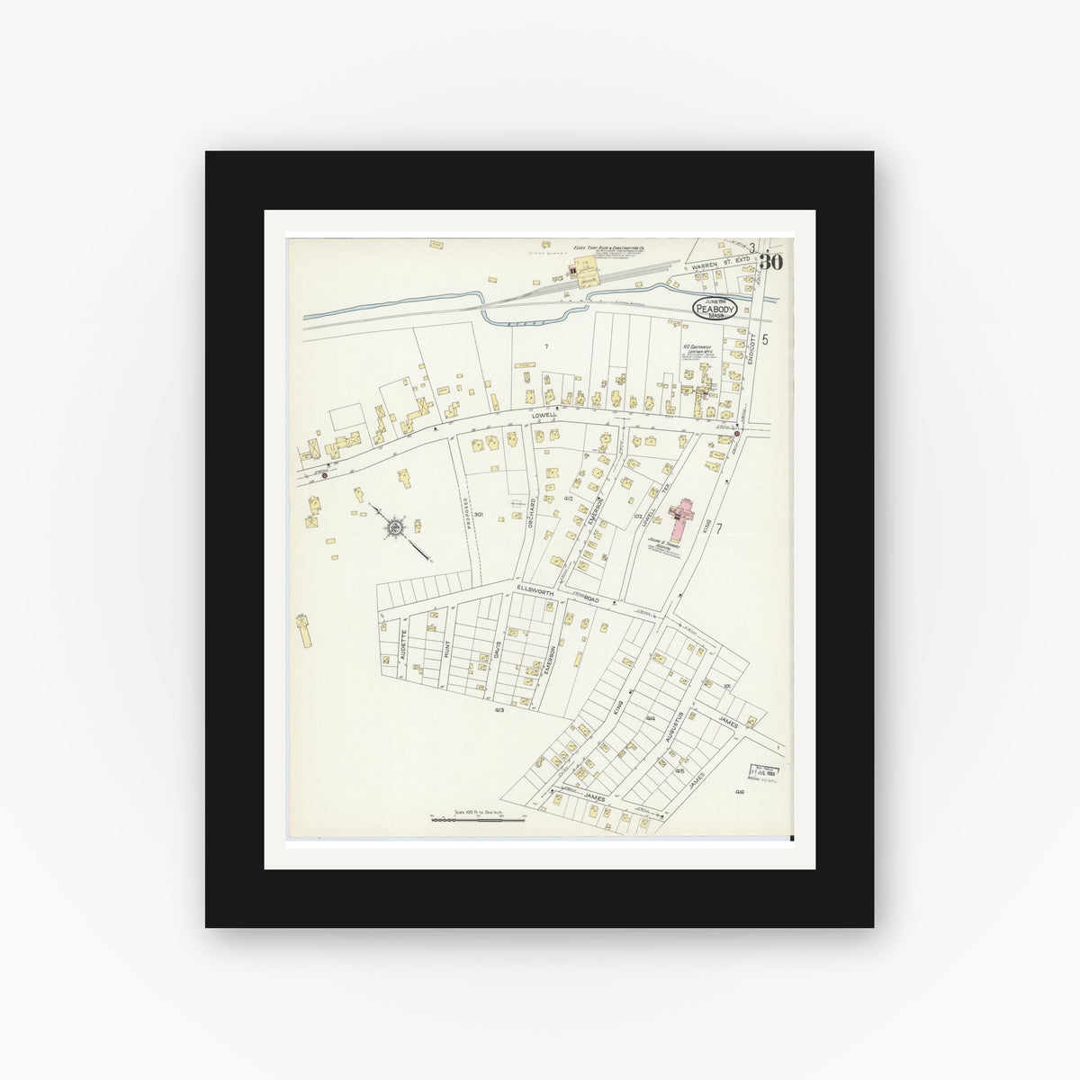 Old map wall art mockup — black gallery frame with white mat — Sanborn Fire Insurance Map from Peabody, Essex County, Massachusetts (1914), Sheet #0030