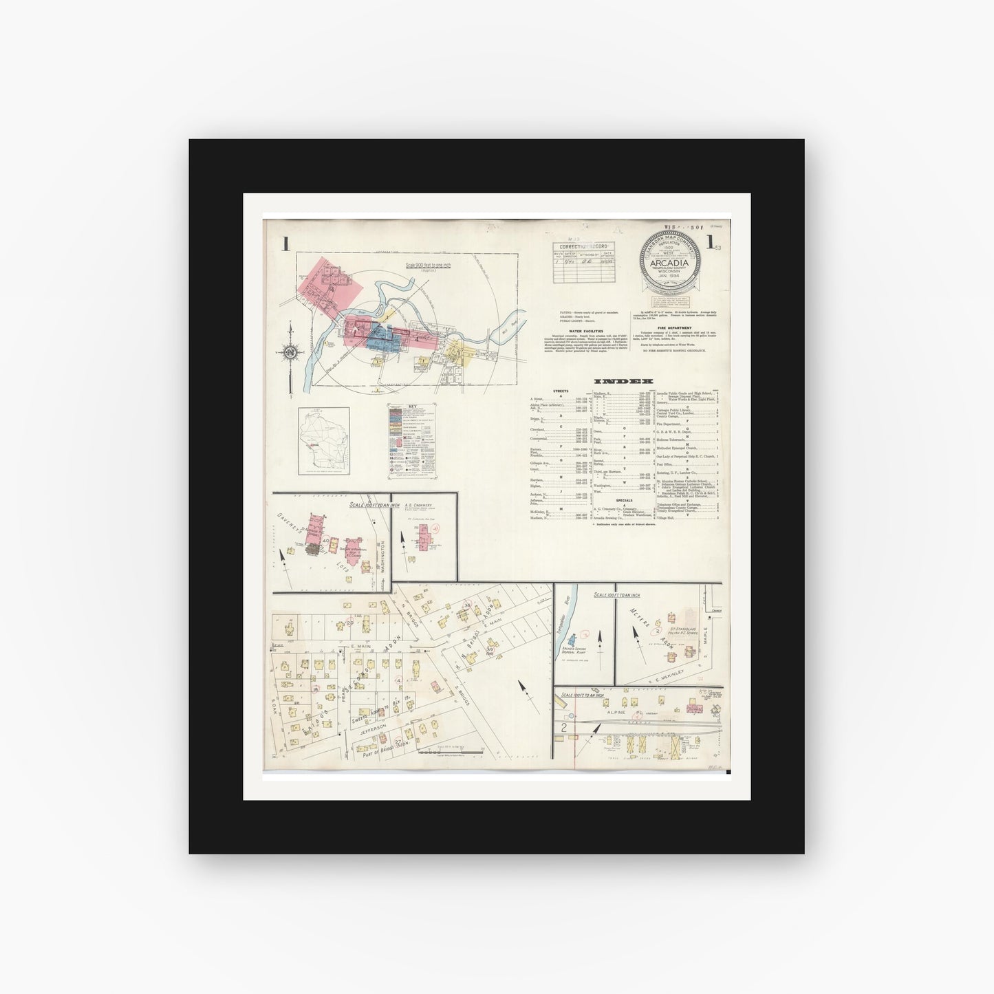Old map wall art mockup — black gallery frame with white mat — Sanborn Fire Insurance Map from Arcadia, Trempealeau County, Wisconsin (1943) - Complete Map Set