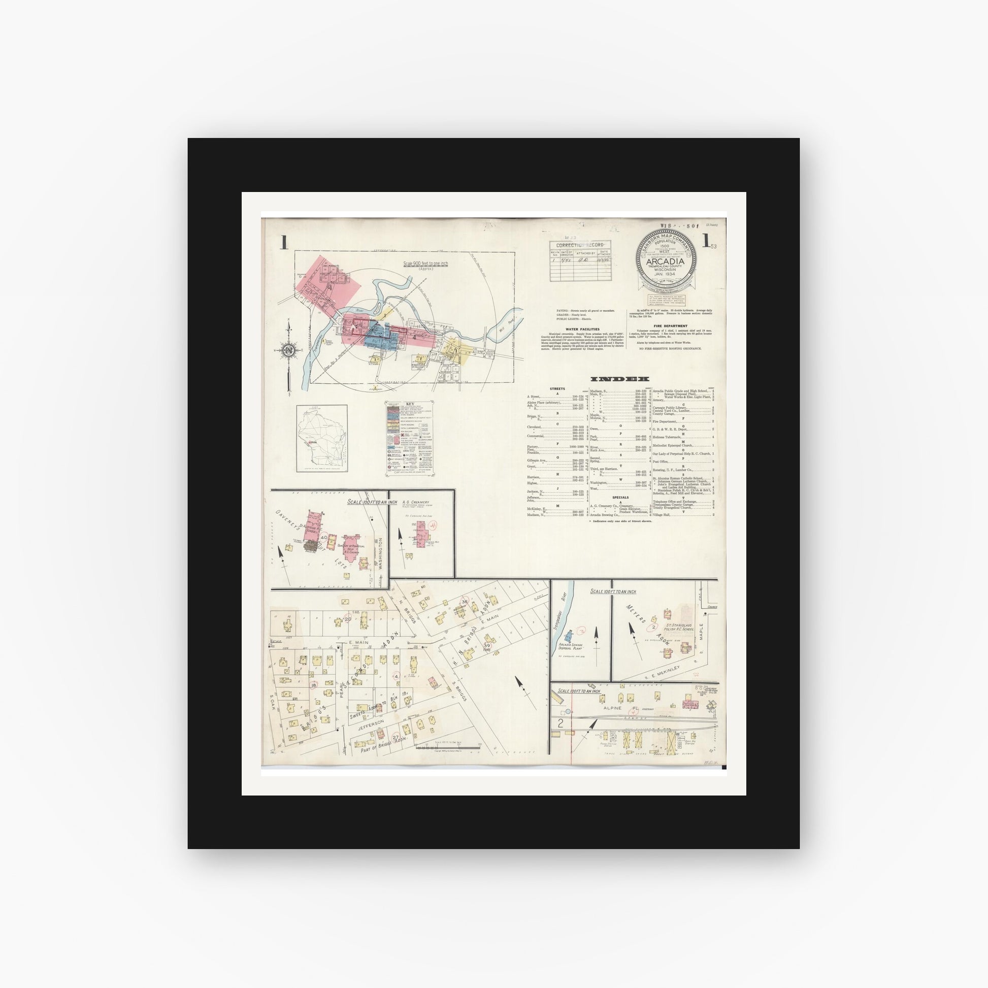 Old map wall art mockup — black gallery frame with white mat — Sanborn Fire Insurance Map from Arcadia, Trempealeau County, Wisconsin (1943) - Complete Map Set