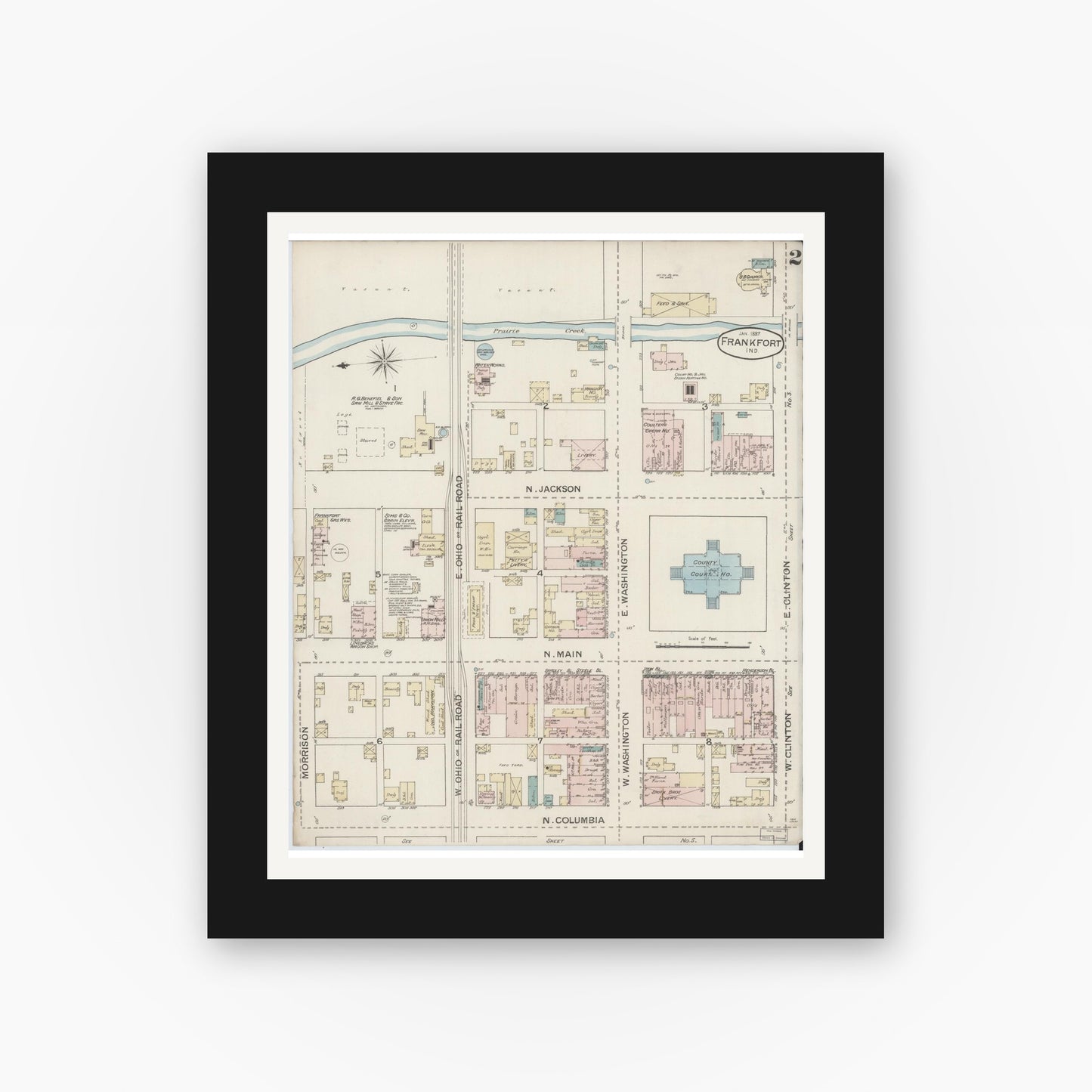 Old map wall art mockup — black gallery frame with white mat — Sanborn Fire Insurance Map from Frankfort, Clinton County, Indiana (1887), Sheet #0002