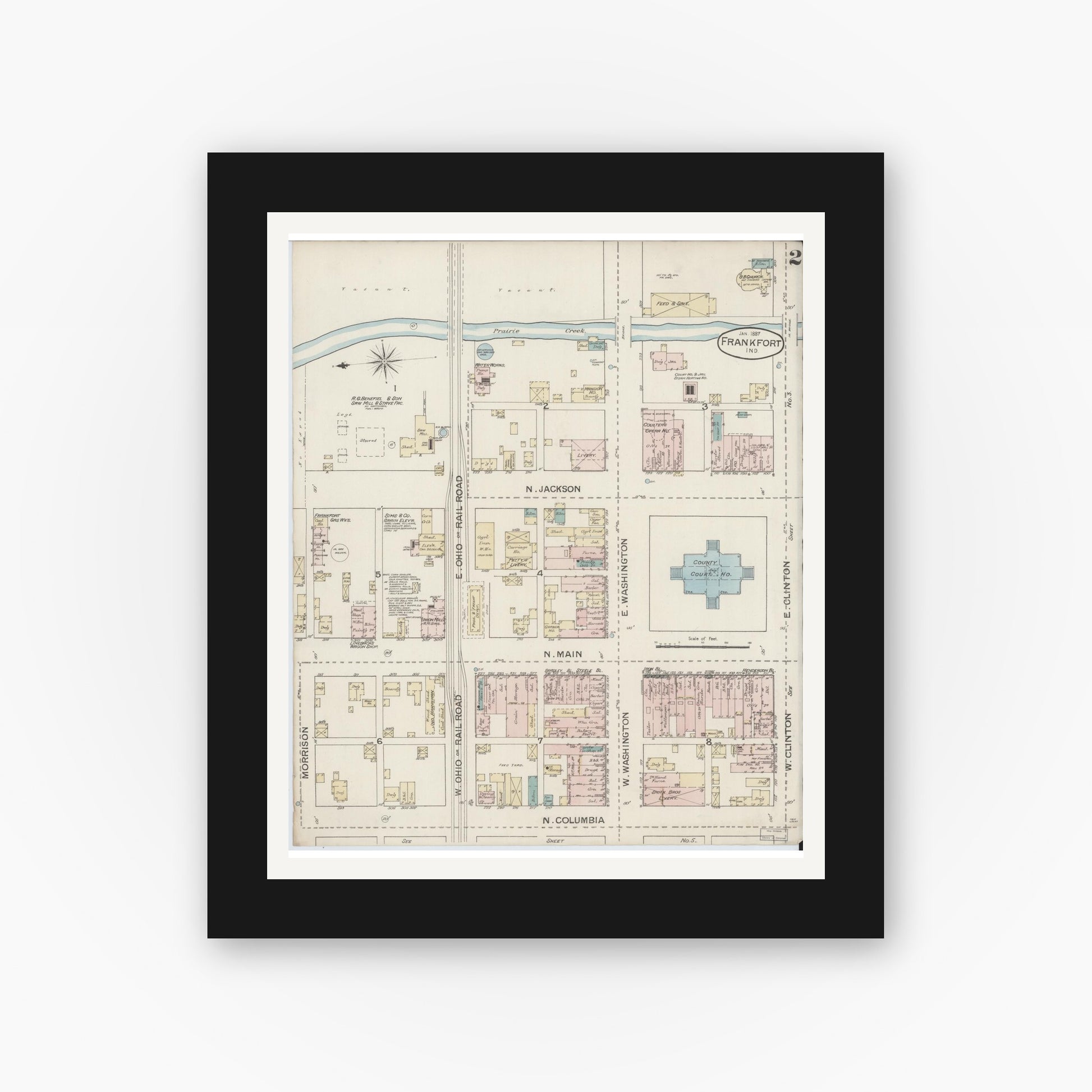 Old map wall art mockup — black gallery frame with white mat — Sanborn Fire Insurance Map from Frankfort, Clinton County, Indiana (1887), Sheet #0002