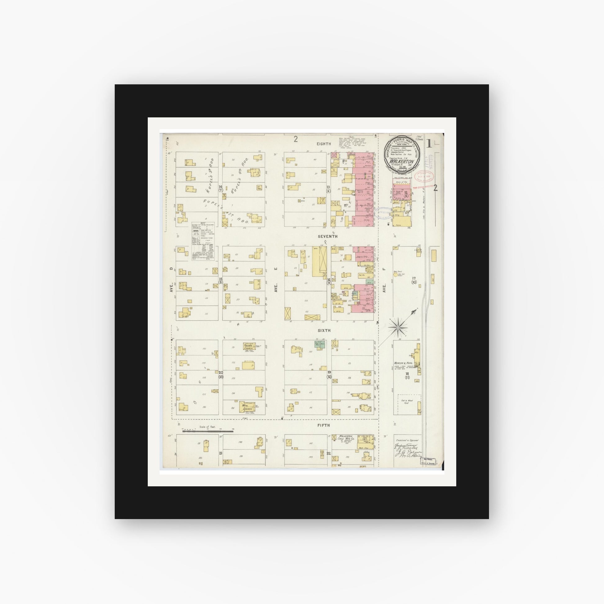 Old map wall art mockup — black gallery frame with white mat — Sanborn Fire Insurance Map from Walkerton, Saint Joseph County, Indiana (1898) - Complete Map Set