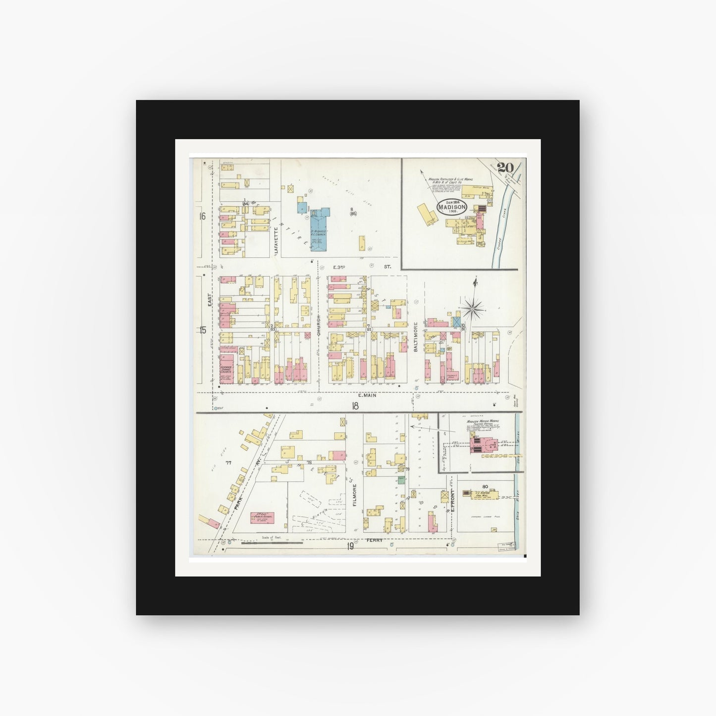 Old map wall art mockup — black gallery frame with white mat — Sanborn Fire Insurance Map from Madison, Jefferson County, Indiana (1904), Sheet #0020