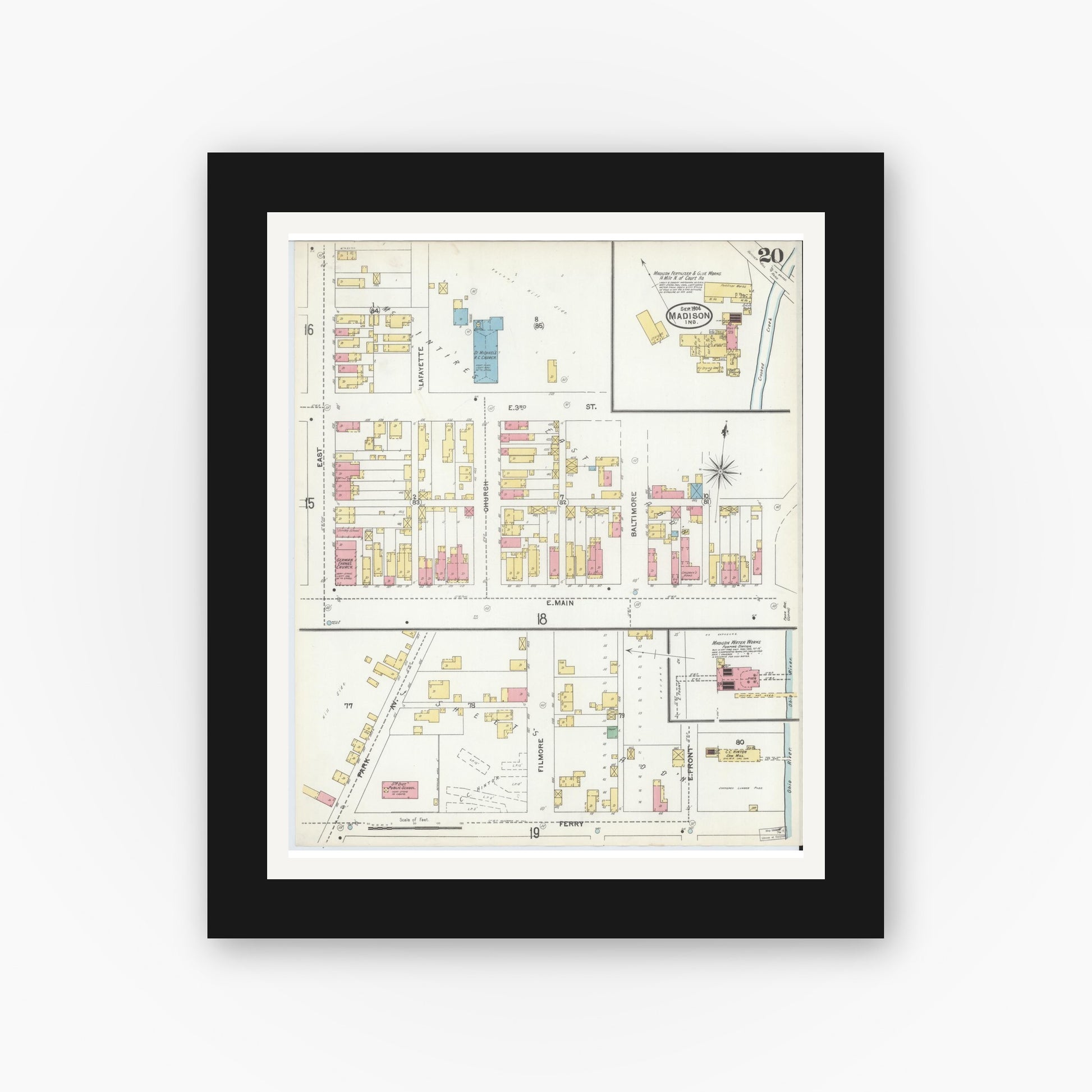 Old map wall art mockup — black gallery frame with white mat — Sanborn Fire Insurance Map from Madison, Jefferson County, Indiana (1904), Sheet #0020