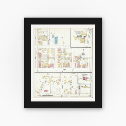 Old map wall art mockup — black gallery frame with white mat — Sanborn Fire Insurance Map from Madison, Jefferson County, Indiana (1904), Sheet #0020