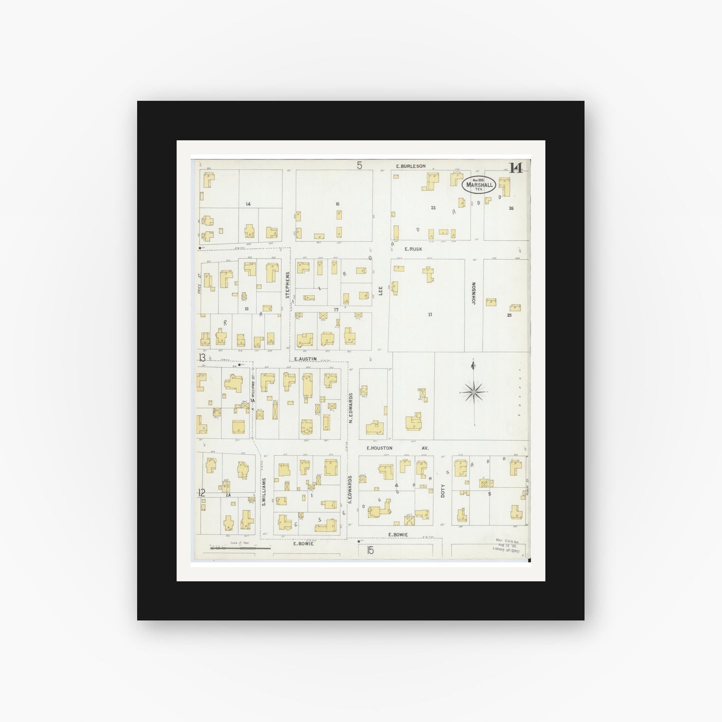 Old map wall art mockup — black gallery frame with white mat — Sanborn Fire Insurance Map from Marshall, Harrison County, Texas (1899), Sheet #0014