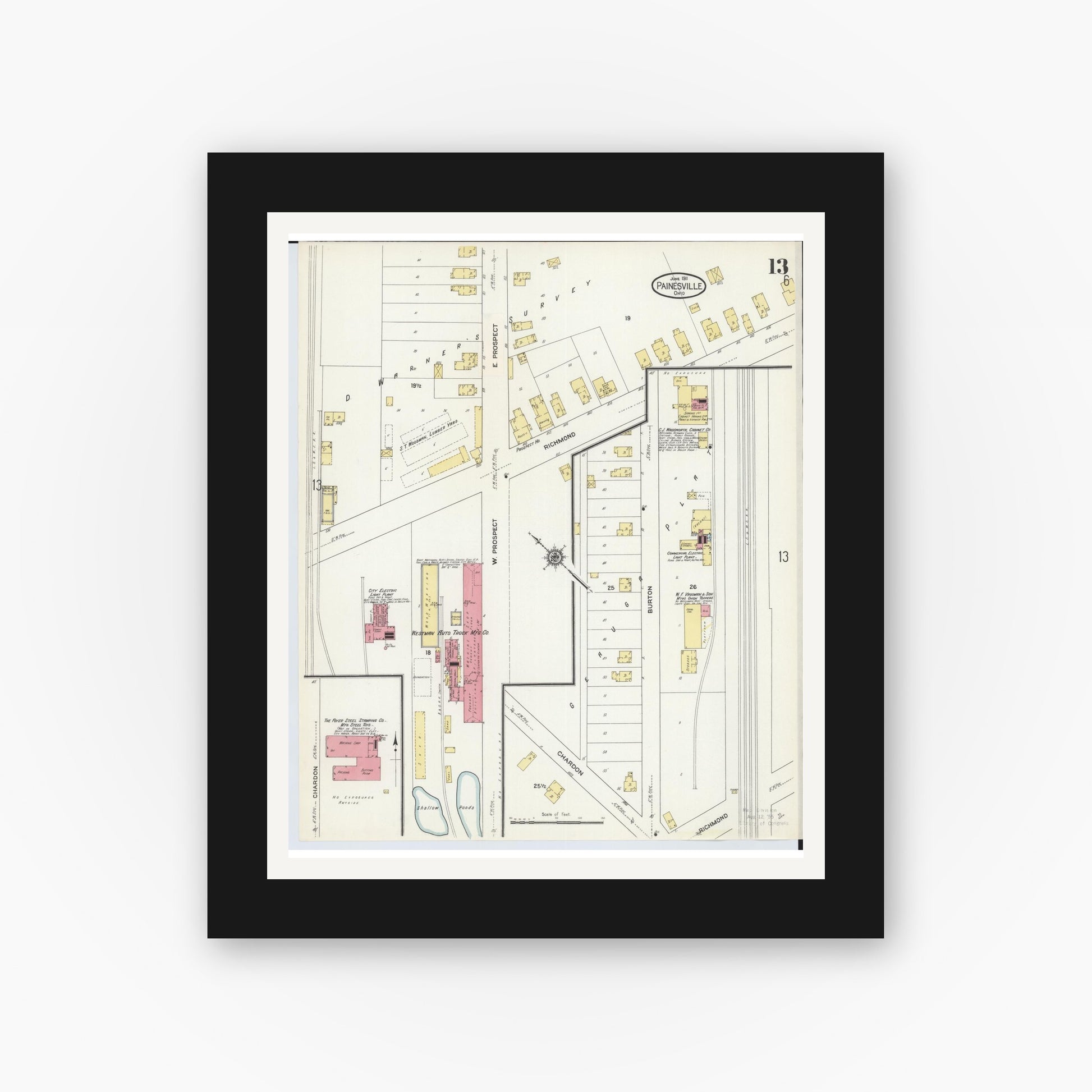 Old map wall art mockup — black gallery frame with white mat — Sanborn Fire Insurance Map from Painesville, Lake County, Ohio (1911), Sheet #0013
