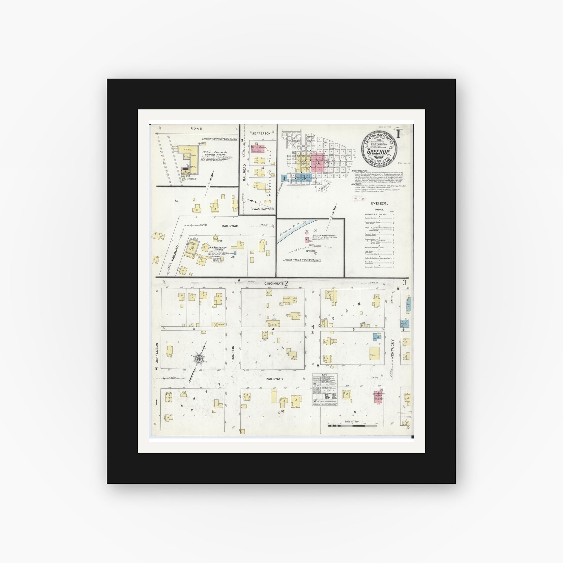 Old map wall art mockup — black gallery frame with white mat — Sanborn Fire Insurance Map from Greenup, Cumberland County, Illinois (1912) - Complete Map Set