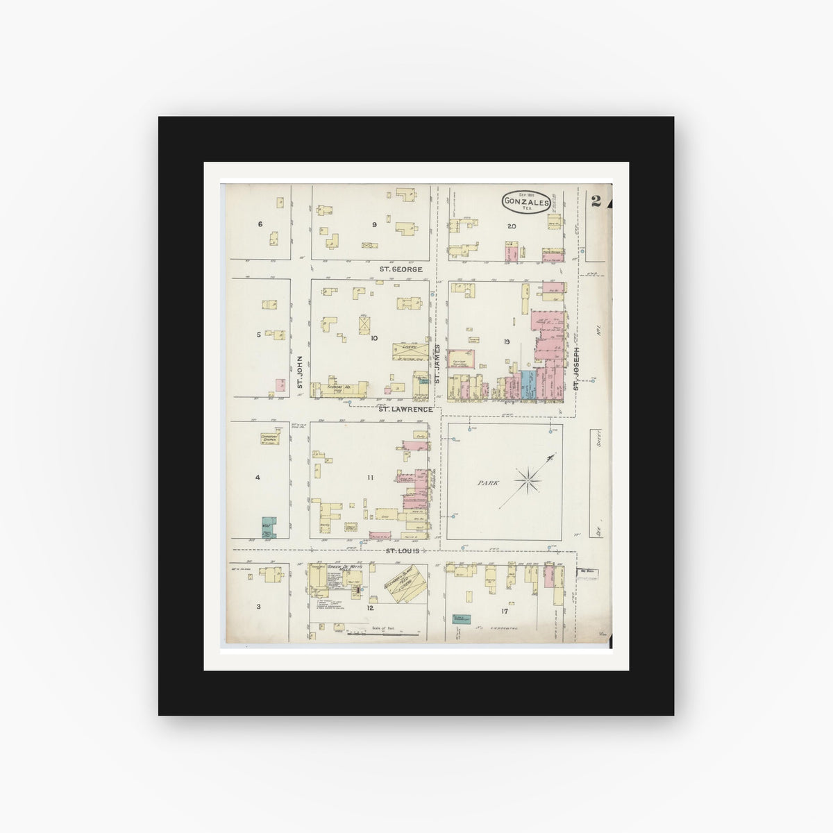 Old map wall art mockup — black gallery frame with white mat — Sanborn Fire Insurance Map from Gonzales, Gonzales County, Texas (1891), Sheet #0002