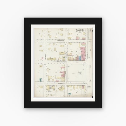 Old map wall art mockup — black gallery frame with white mat — Sanborn Fire Insurance Map from Gonzales, Gonzales County, Texas (1891), Sheet #0002