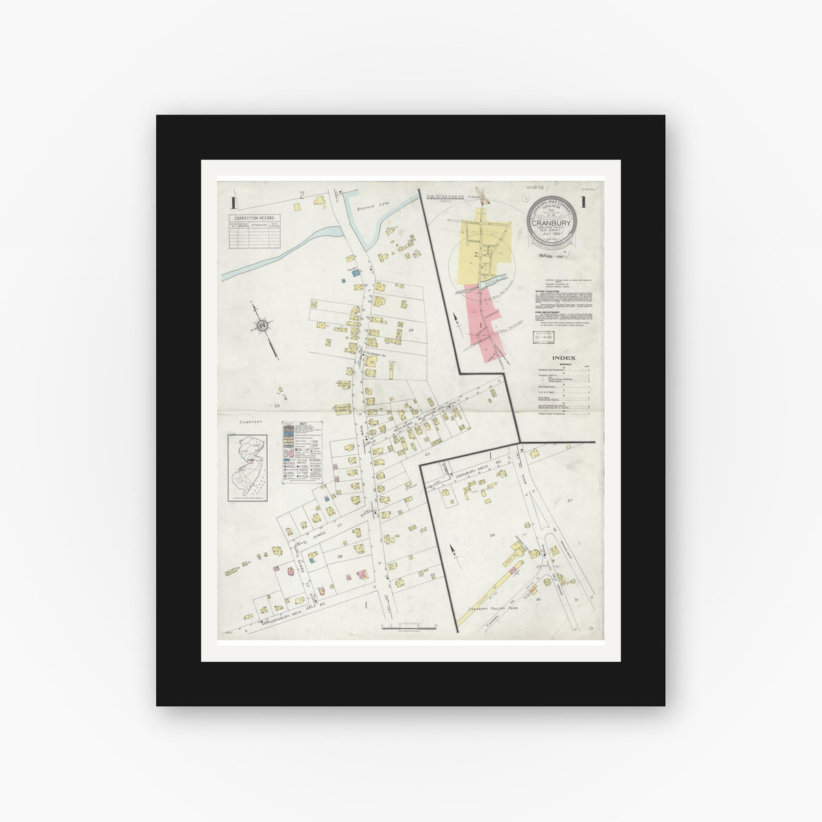 Old map wall art mockup — black gallery frame with white mat — Sanborn Fire Insurance Map from Cranbury, Middlesex County, New Jersey (1933) - Complete Map Set