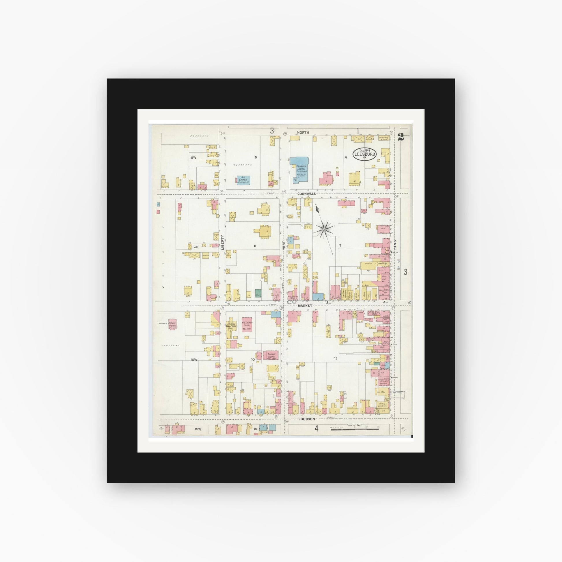 Old map wall art mockup — black gallery frame with white mat — Sanborn Fire Insurance Map from Leesburg, Loudoun County, Virginia (1903), Sheet #0002