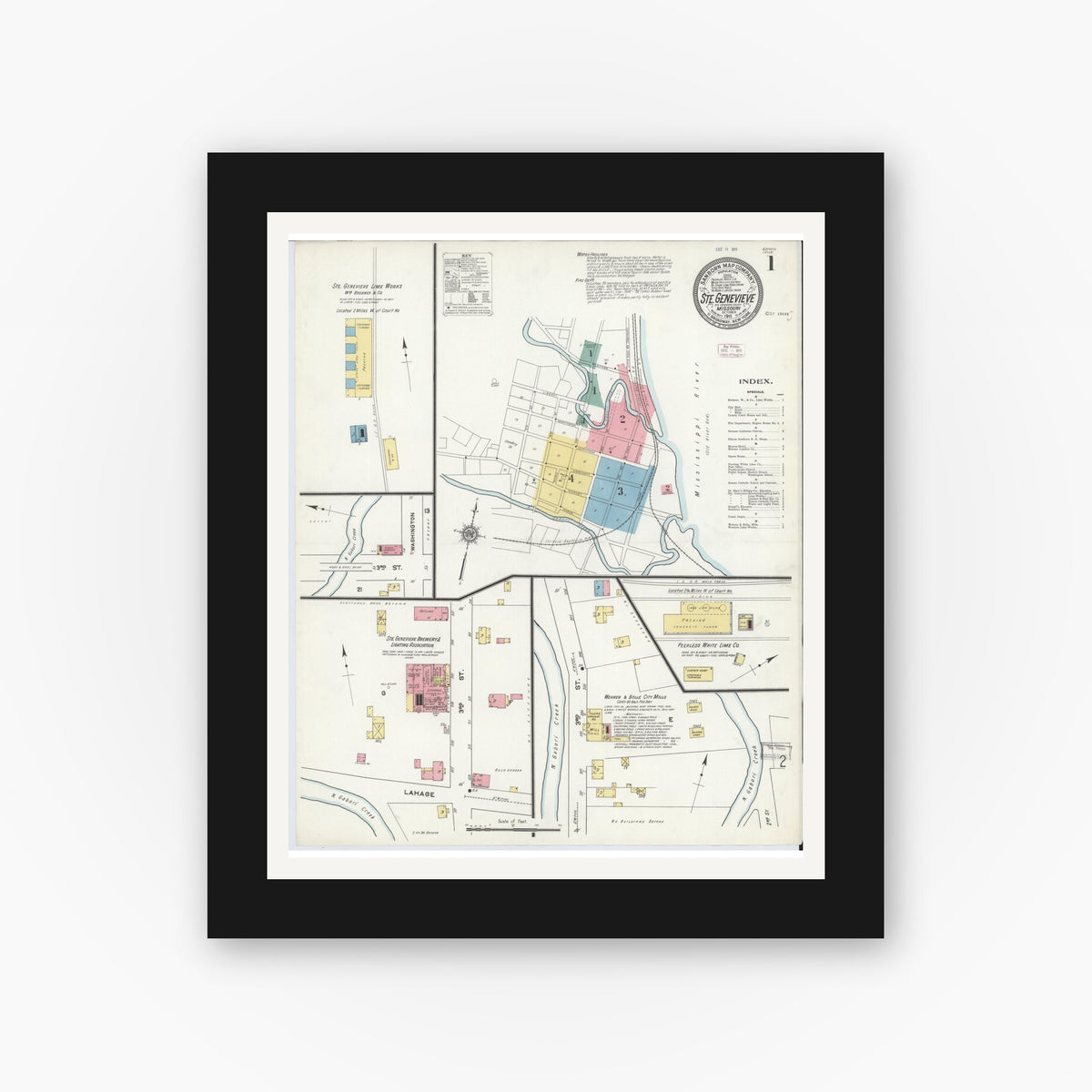 Old map wall art mockup — black gallery frame with white mat — Sanborn Fire Insurance Map from Sainte Genevieve, Saint Genevieve County, Missouri (1911) - Complete Map Set