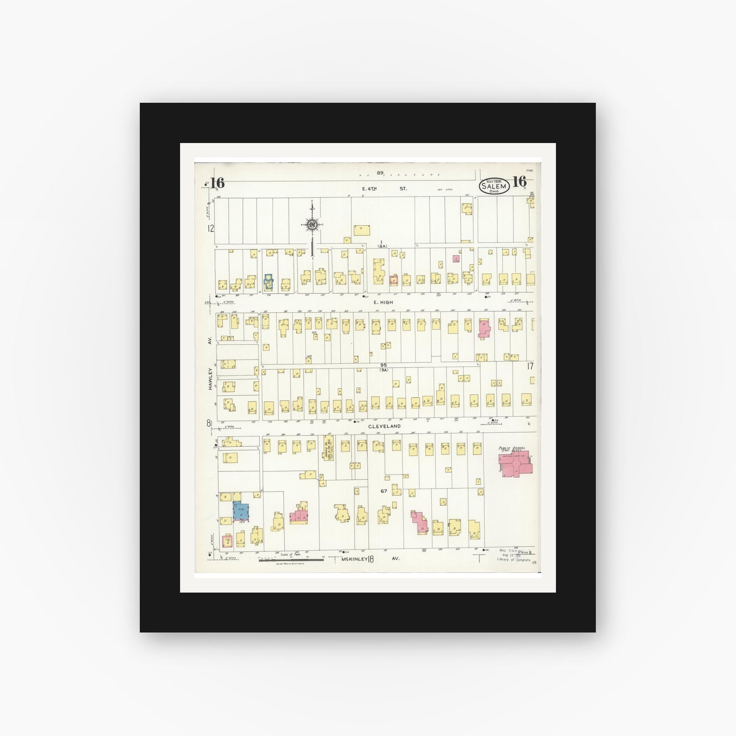 Old map wall art mockup — black gallery frame with white mat — Sanborn Fire Insurance Map from Salem, Columbiana County, Ohio (1926), Sheet #0016