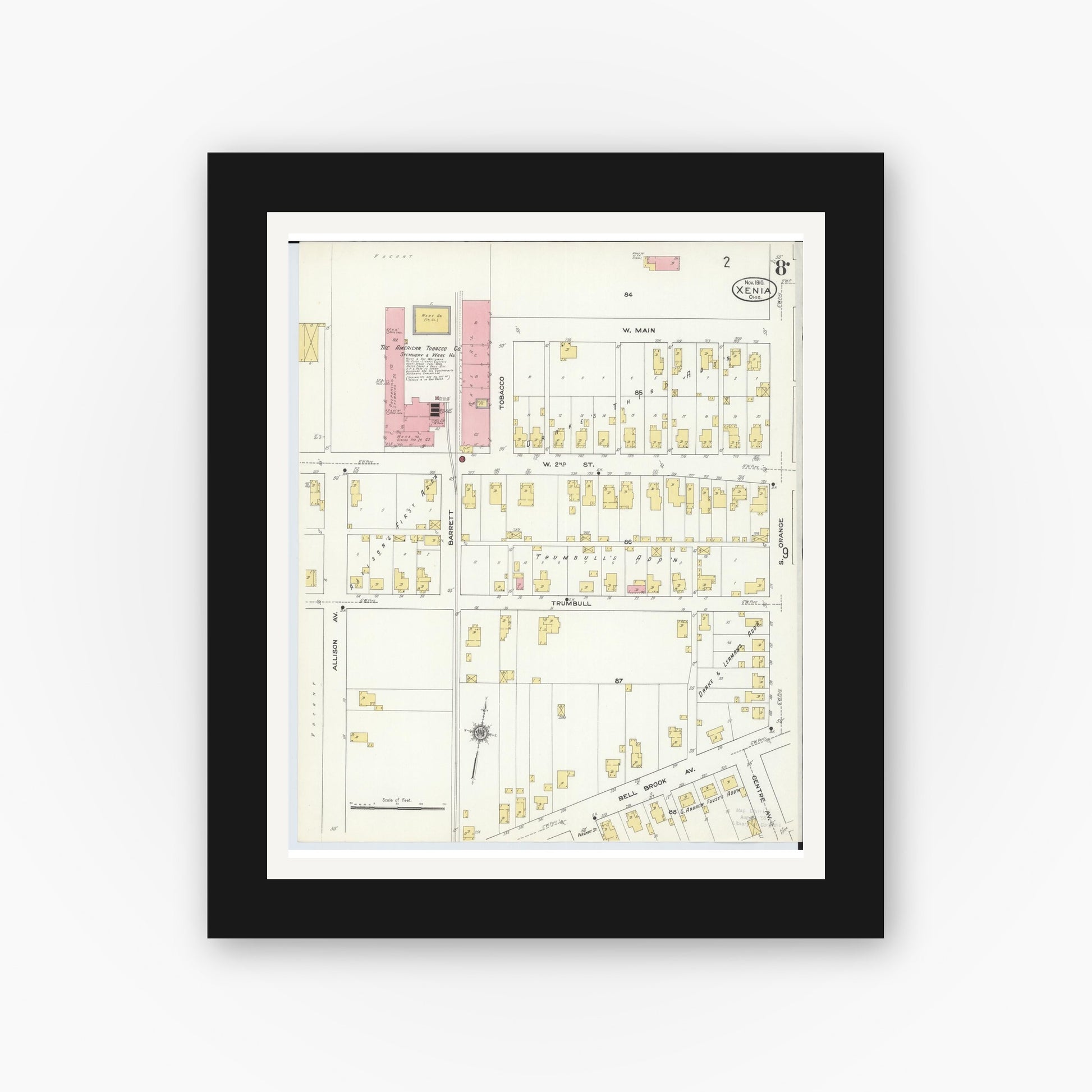 Old map wall art mockup — black gallery frame with white mat — Sanborn Fire Insurance Map from Xenia, Greene County, Ohio (1910), Sheet #0008