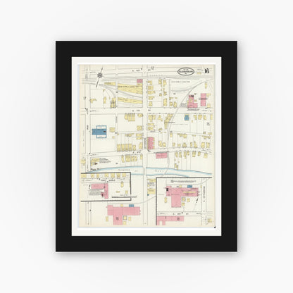 Old map wall art mockup — black gallery frame with white mat — Sanborn Fire Insurance Map from Bloomsburg, Columbia County, Pennsylvania (1913), Sheet #0016