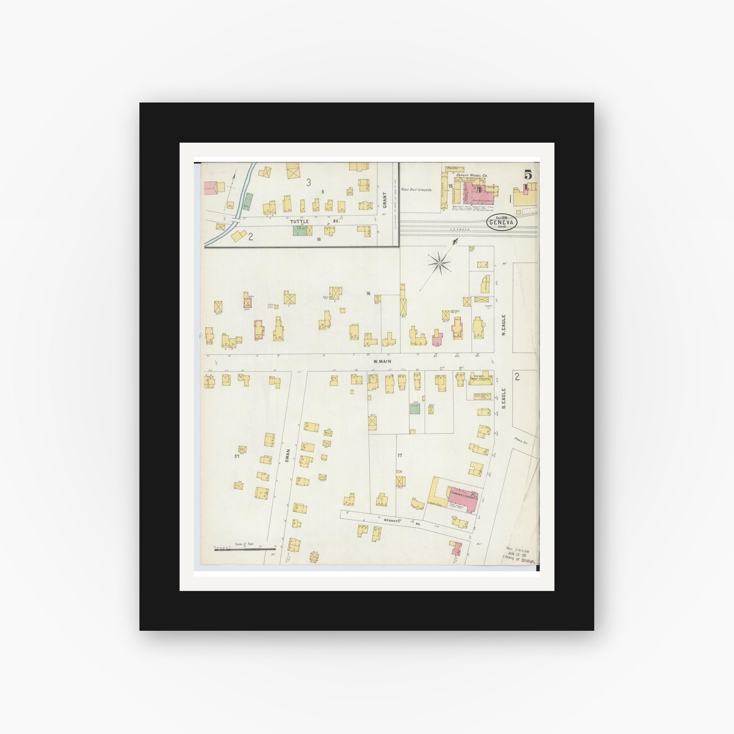 Old map wall art mockup — black gallery frame with white mat — Sanborn Fire Insurance Map from Geneva, Ashtabula County, Ohio (1898), Sheet #0005