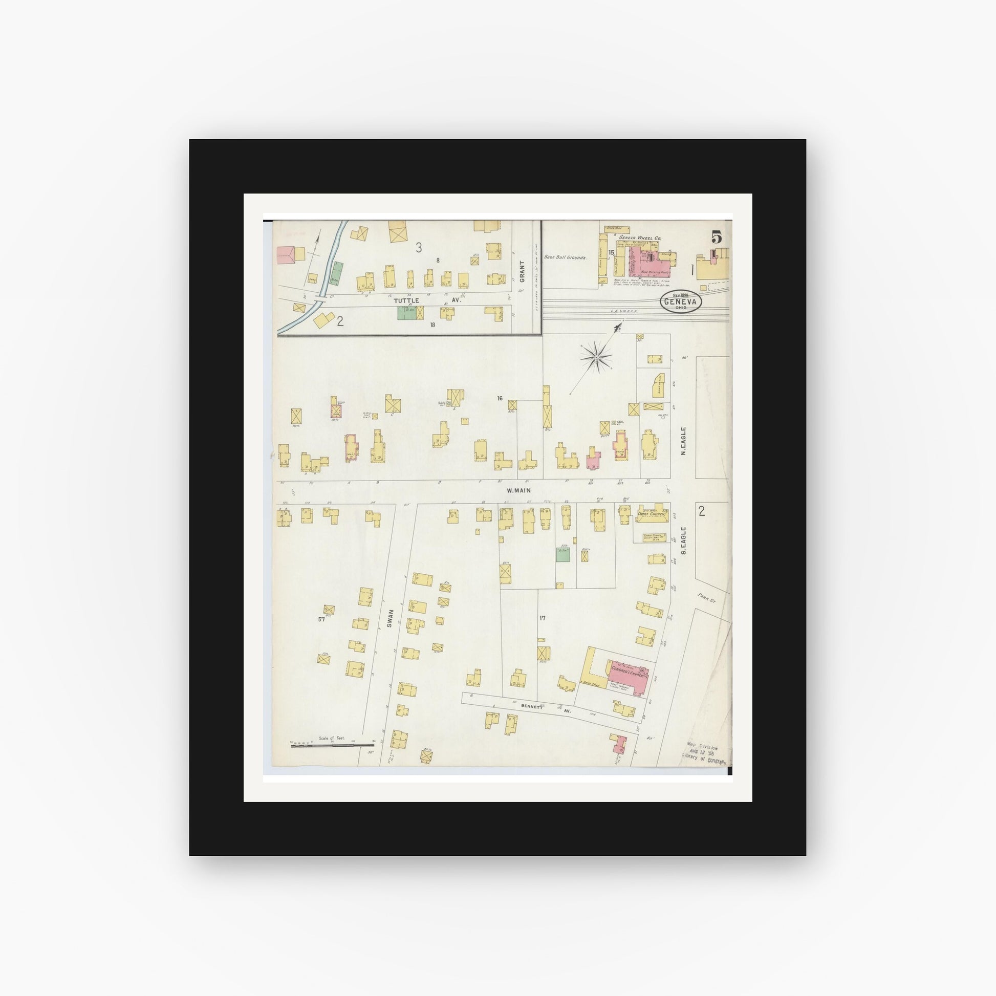Old map wall art mockup — black gallery frame with white mat — Sanborn Fire Insurance Map from Geneva, Ashtabula County, Ohio (1898), Sheet #0005