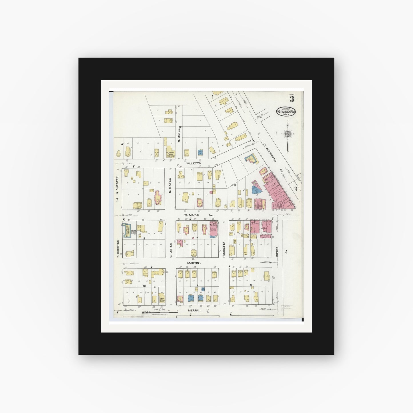Old map wall art mockup — black gallery frame with white mat — Sanborn Fire Insurance Map from Birmingham, Oakland County, Michigan (1921), Sheet #0003