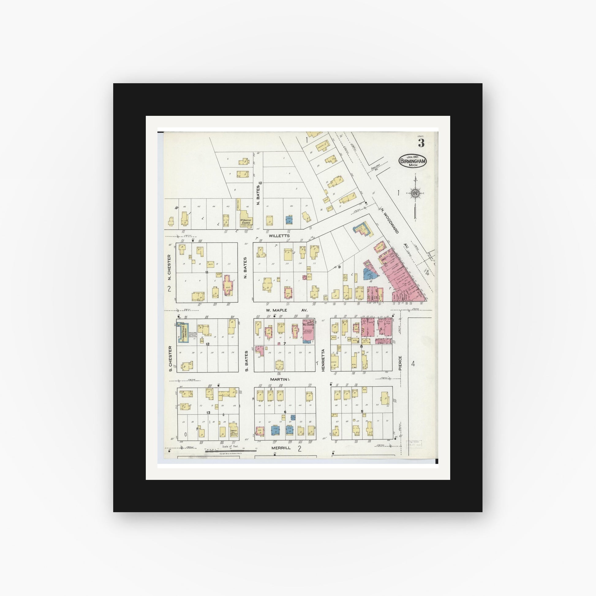 Old map wall art mockup — black gallery frame with white mat — Sanborn Fire Insurance Map from Birmingham, Oakland County, Michigan (1921), Sheet #0003