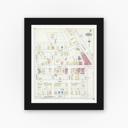 Old map wall art mockup — black gallery frame with white mat — Sanborn Fire Insurance Map from Birmingham, Oakland County, Michigan (1921), Sheet #0003
