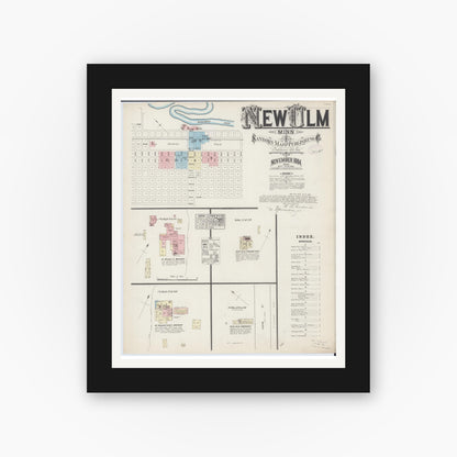 Old map wall art mockup — black gallery frame with white mat — Sanborn Fire Insurance Map from New Ulm, Brown County, Minnesota (1884) - Complete Map Set