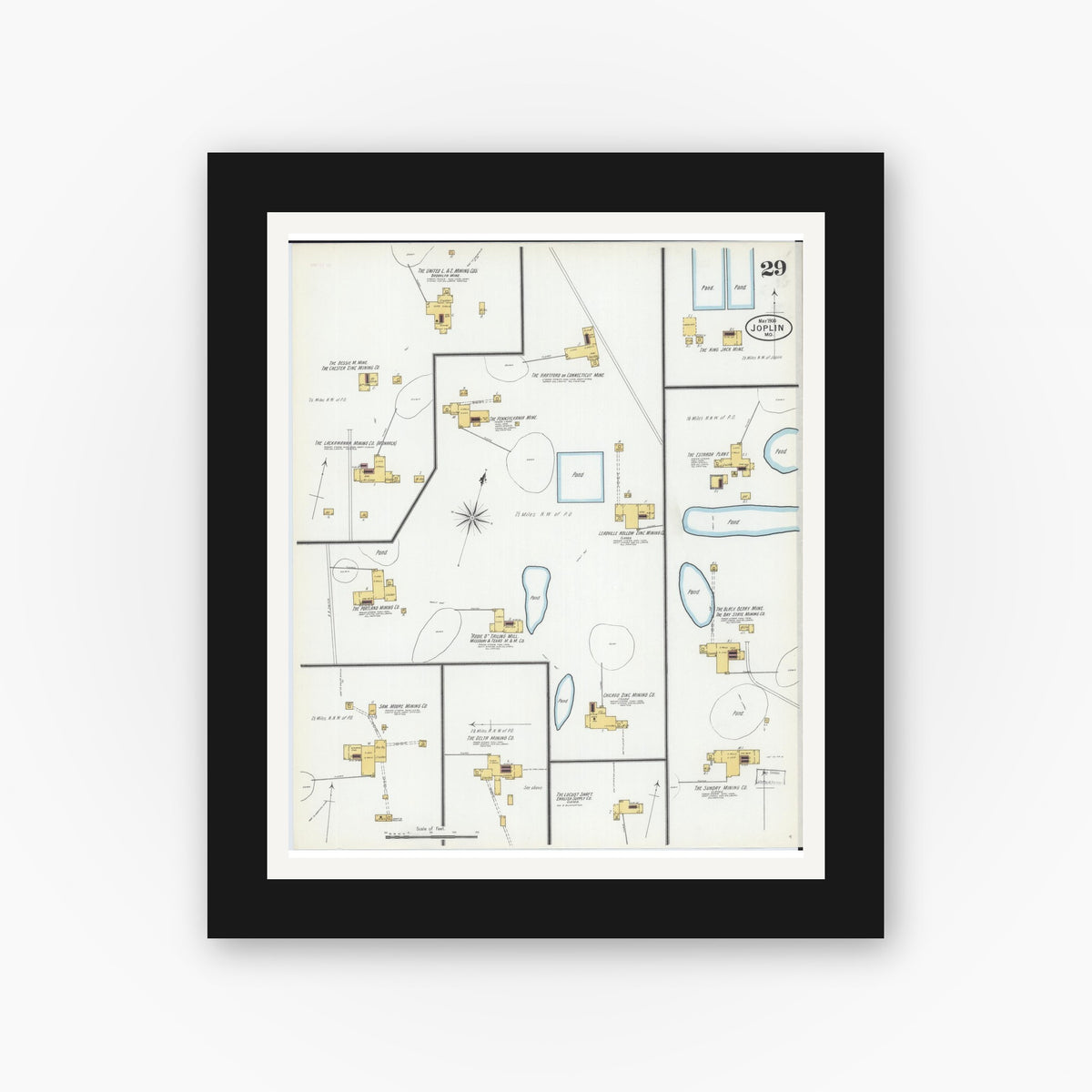 Old map wall art mockup — black gallery frame with white mat — Sanborn Fire Insurance Map from Joplin, Jasper County, Missouri (1900), Sheet #0029