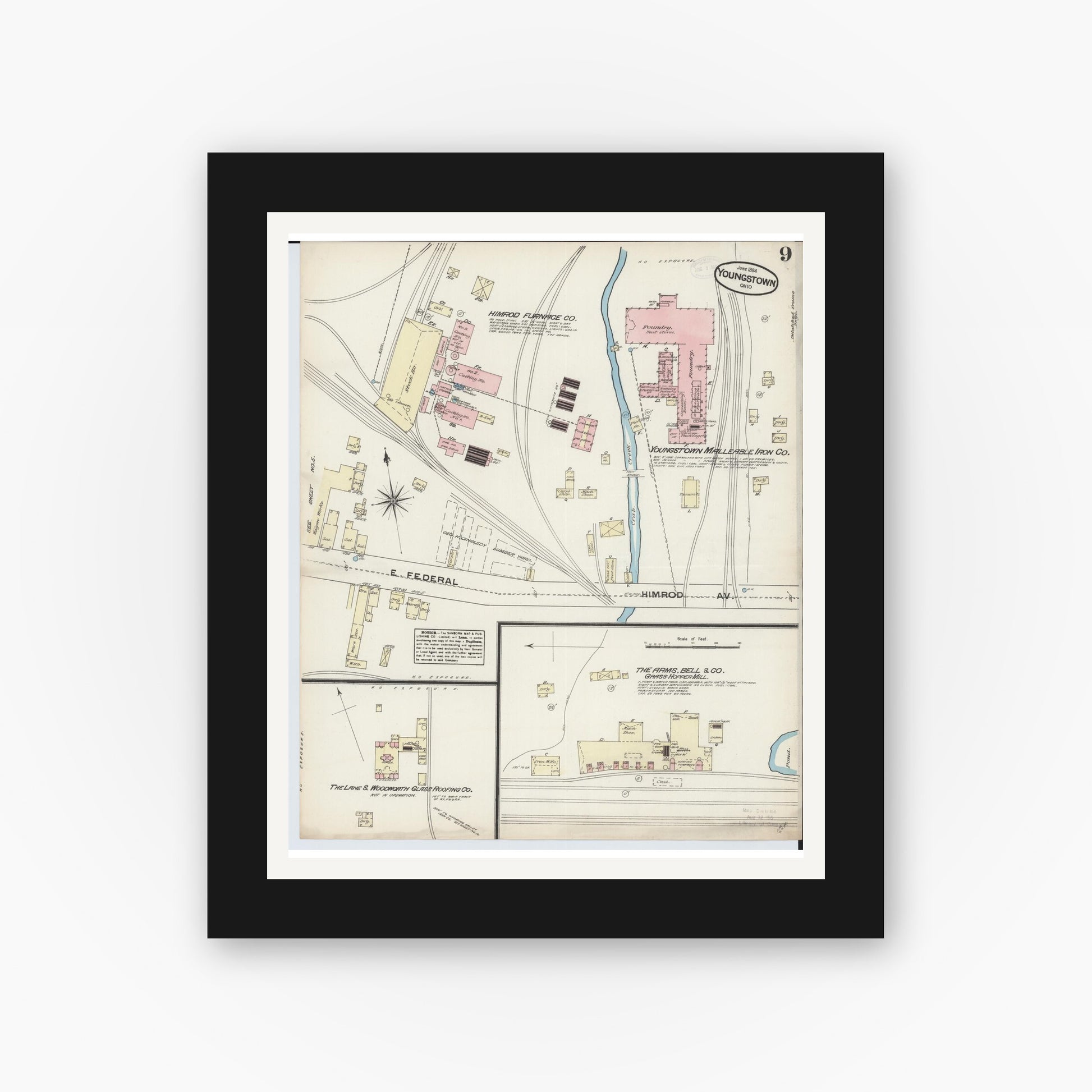 Old map wall art mockup — black gallery frame with white mat — Sanborn Fire Insurance Map from Youngstown, Mahoning County, Ohio (1884), Sheet #0009