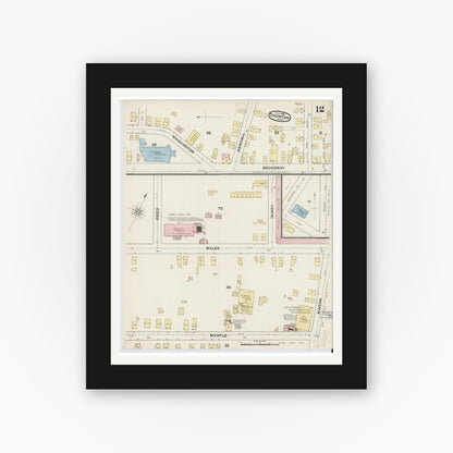 Old map wall art mockup — black gallery frame with white mat — Sanborn Fire Insurance Map from Taunton, Bristol County, Massachusetts (1888), Sheet #0012