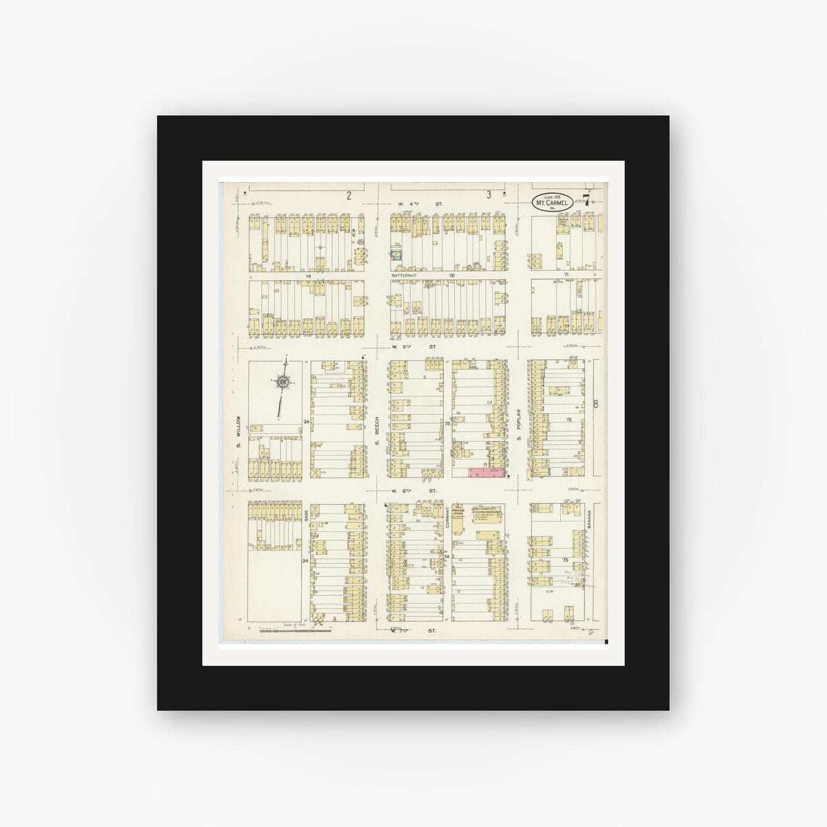 Old map wall art mockup — black gallery frame with white mat — Sanborn Fire Insurance Map from Mount Carmel, Northumberland County, Pennsylvania (1913), Sheet #0007
