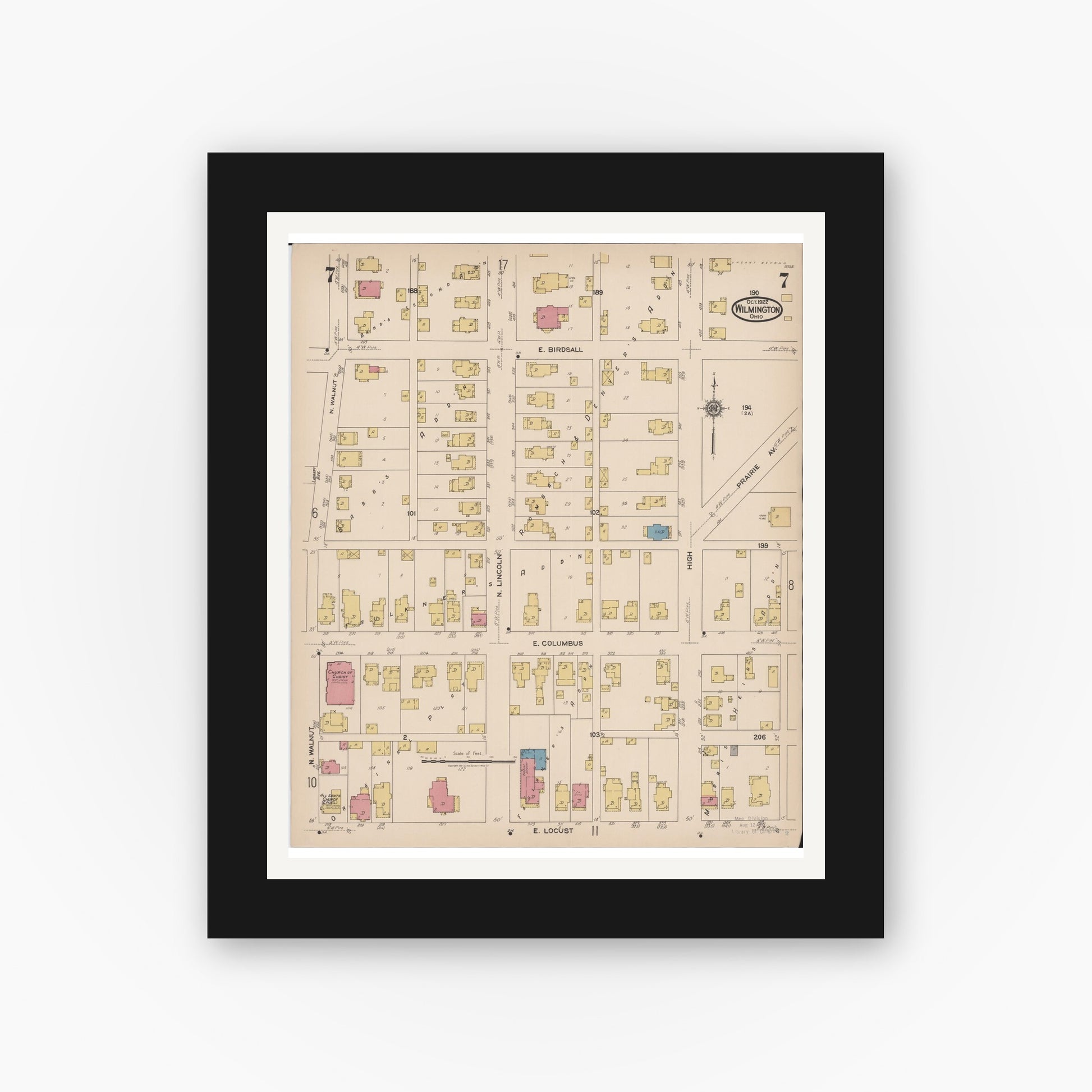 Old map wall art mockup — black gallery frame with white mat — Sanborn Fire Insurance Map from Wilmington, Clinton County, Ohio (1922), Sheet #0007