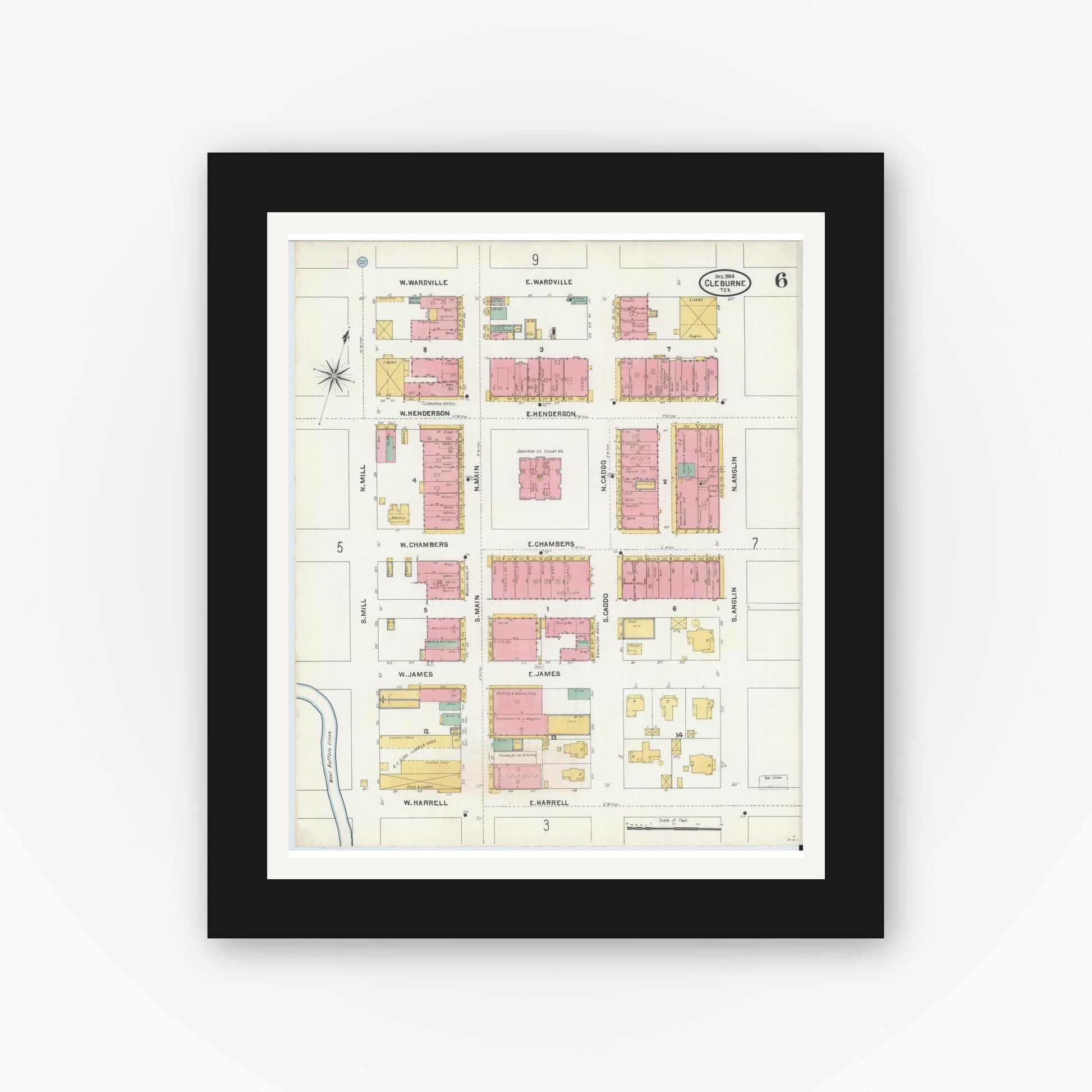 Old map wall art mockup — black gallery frame with white mat — Sanborn Fire Insurance Map from Cleburne, Johnson County, Texas (1904), Sheet #0006