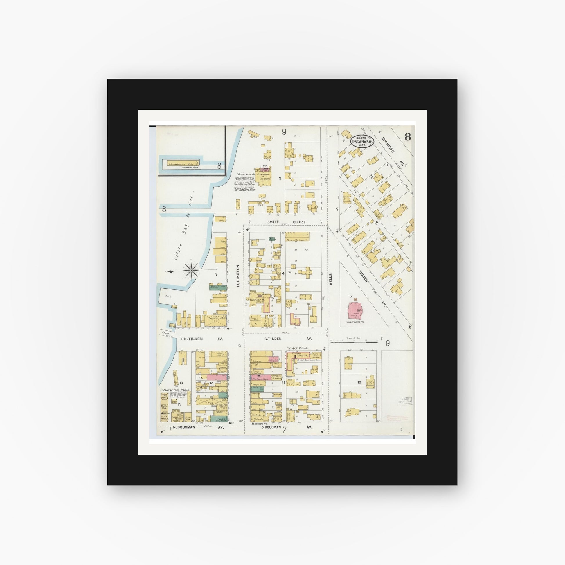 Old map wall art mockup — black gallery frame with white mat — Sanborn Fire Insurance Map from Escanaba, Delta County, Michigan (1899), Sheet #0008