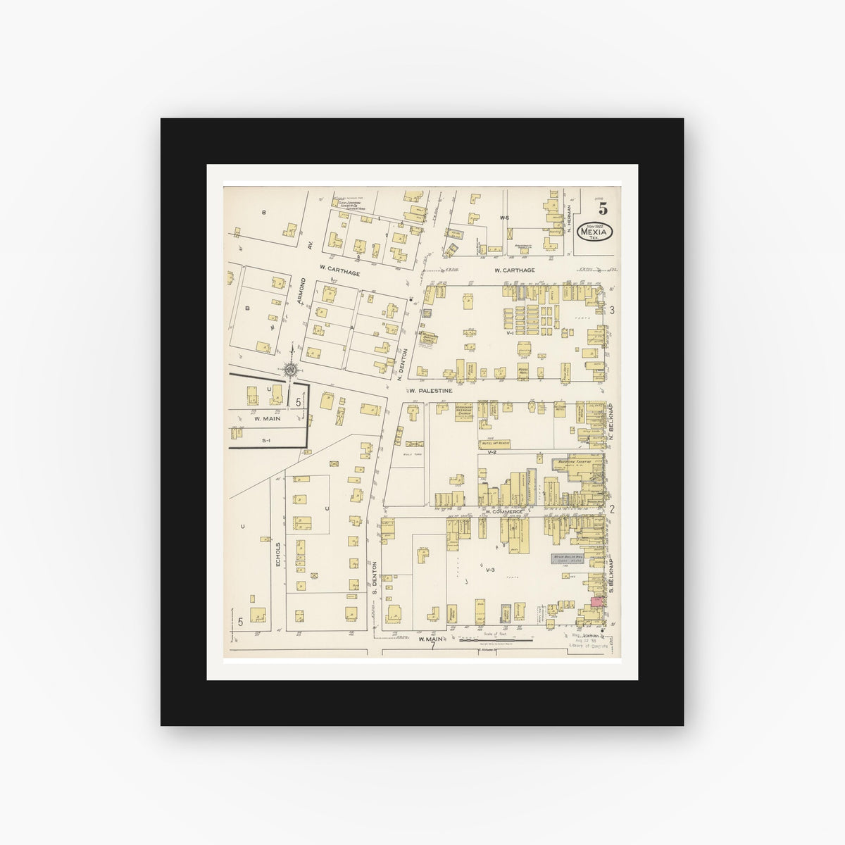 Old map wall art mockup — black gallery frame with white mat — Sanborn Fire Insurance Map from Mexia, Limestone County, Texas (1922), Sheet #0005