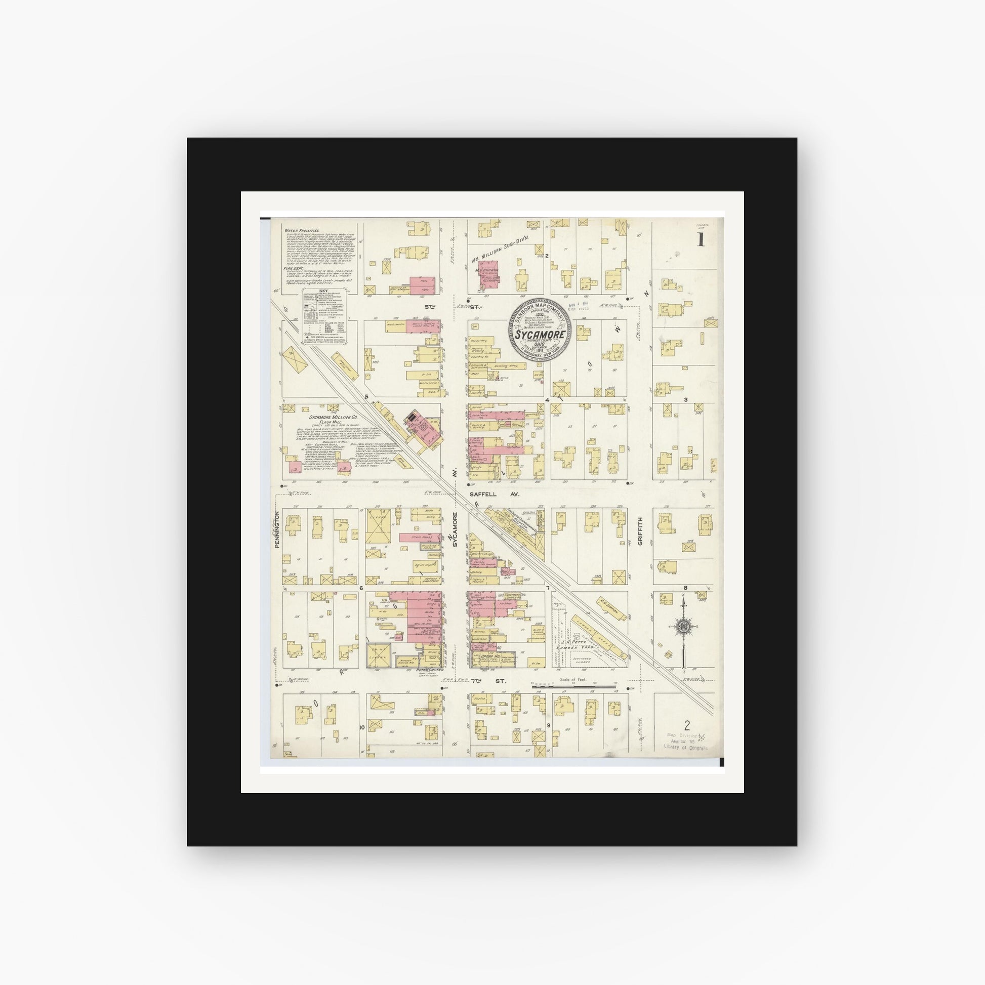 Old map wall art mockup — black gallery frame with white mat — Sanborn Fire Insurance Map from Sycamore, Wyandot County, Ohio (1911) - Complete Map Set
