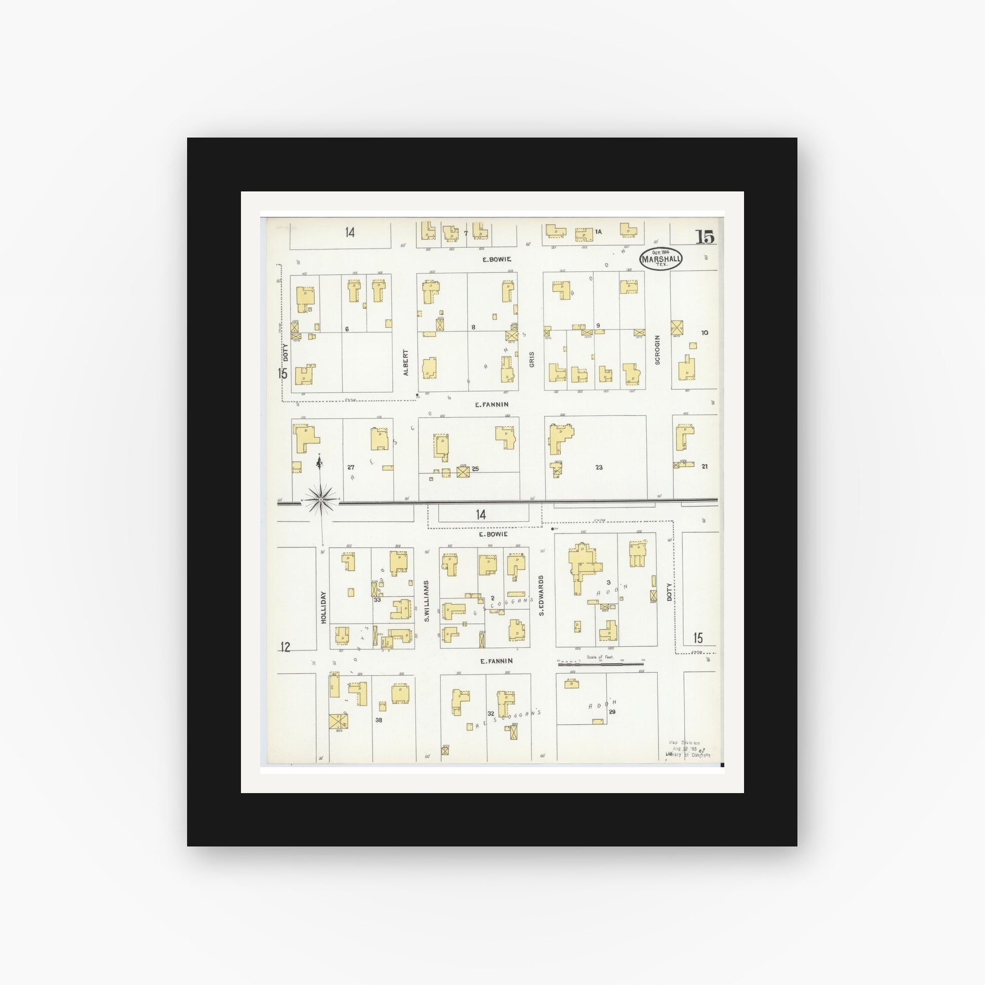 Old map wall art mockup — black gallery frame with white mat — Sanborn Fire Insurance Map from Marshall, Harrison County, Texas (1904), Sheet #0015