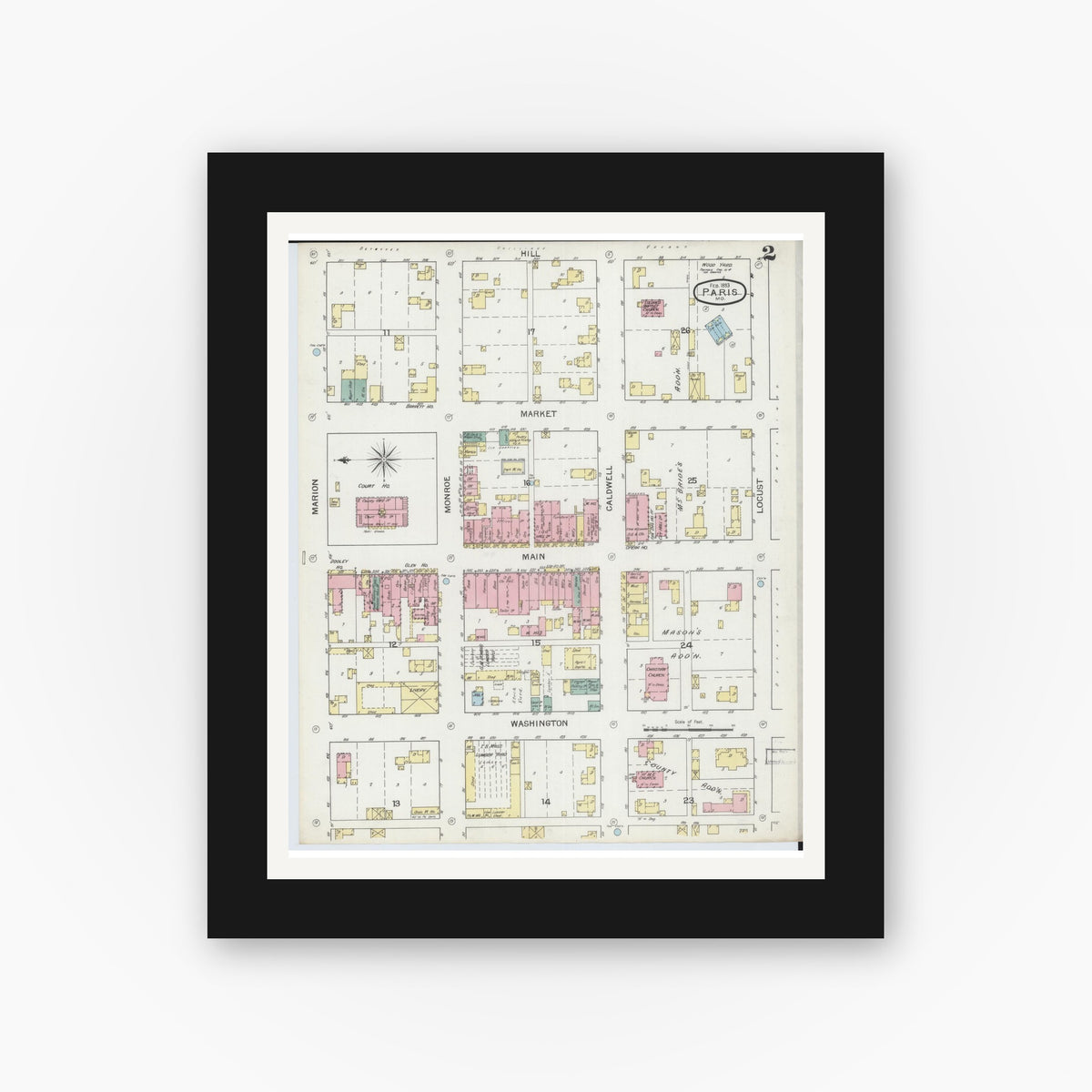 Old map wall art mockup — black gallery frame with white mat — Sanborn Fire Insurance Map from Paris, Monroe County, Missouri (1893), Sheet #0002